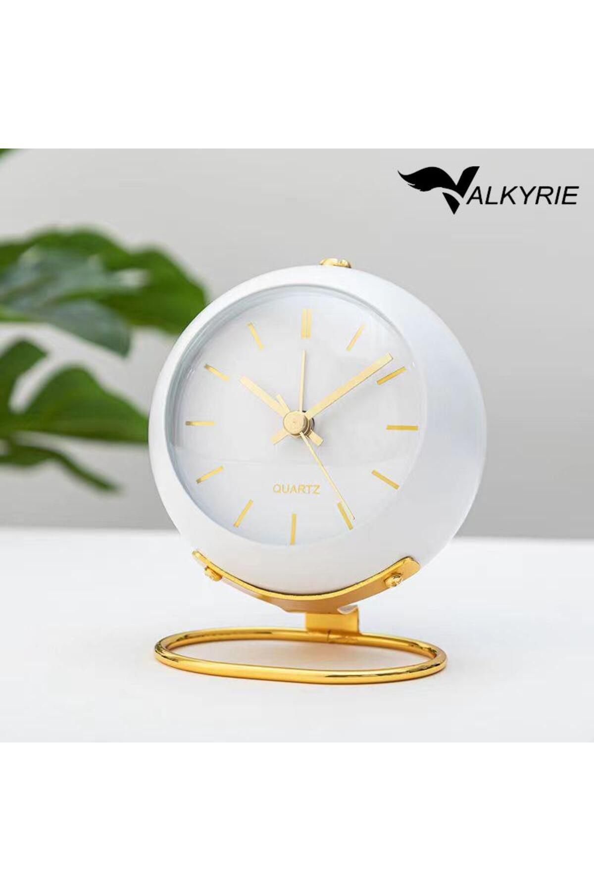 valkyrie Akar Saniyeli Işıklı Metal Gold Dijital Masa Saati Alarmlı Beyaz