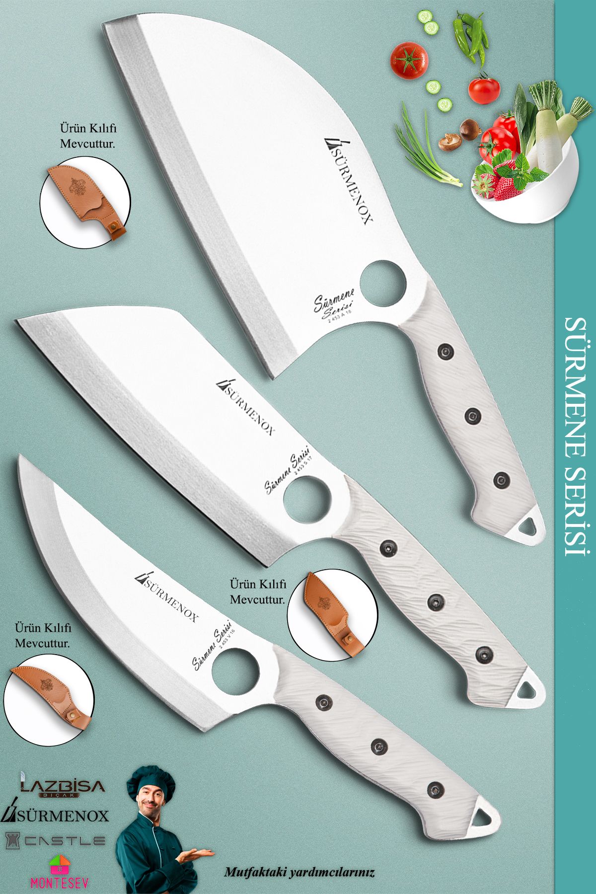 SÜRMENOX Sürmene Serisi Outdoor Kamp Bıçağı Mutfak Şef Bıçağı Deri Kılıflı 3 Lü Set Beyaz Renk (VRZOUT-001)
