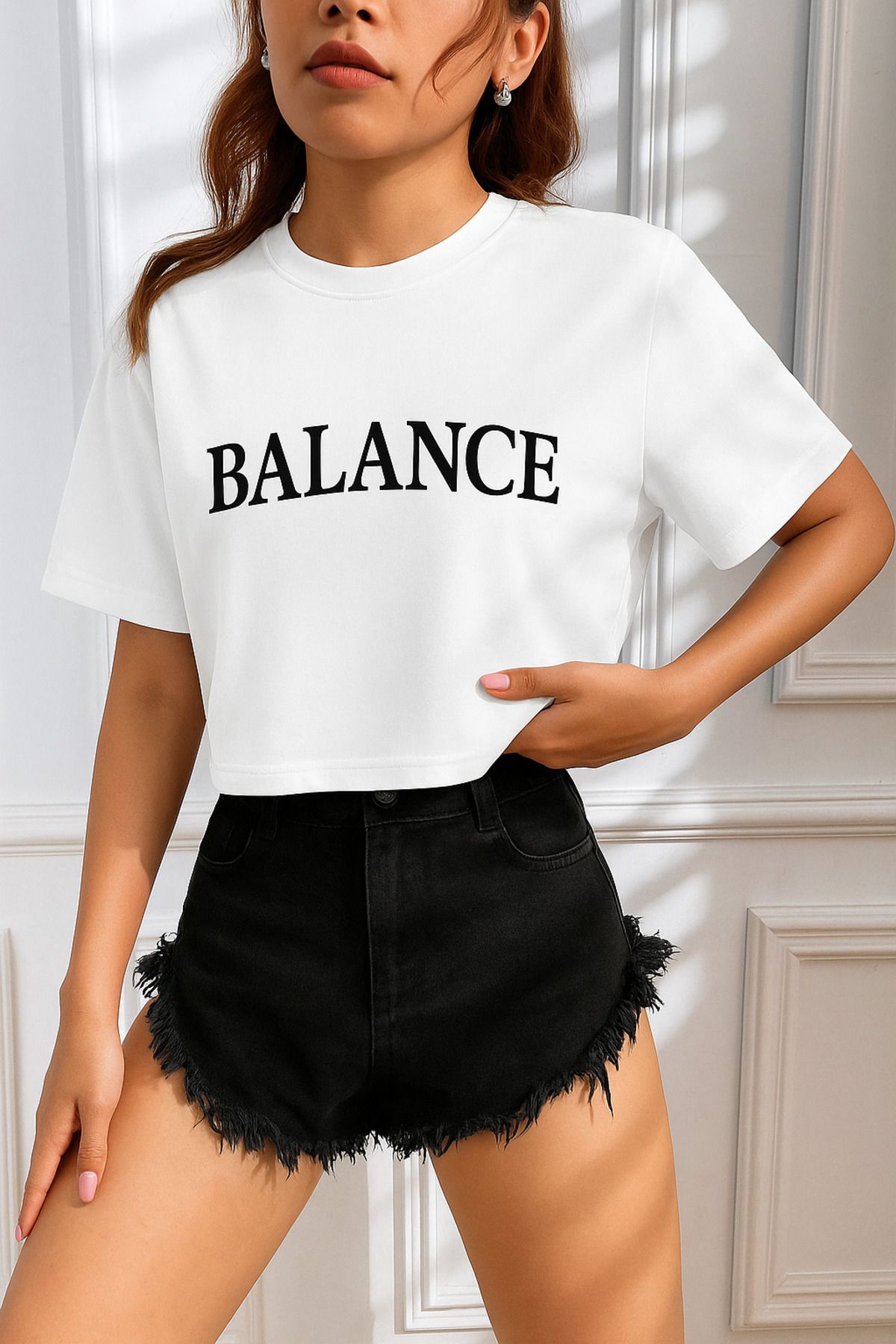 GENIUS STORE Kadın Tişört Crop Tişört Baskılı Fit Tişört BALANCE-TİŞÖRT