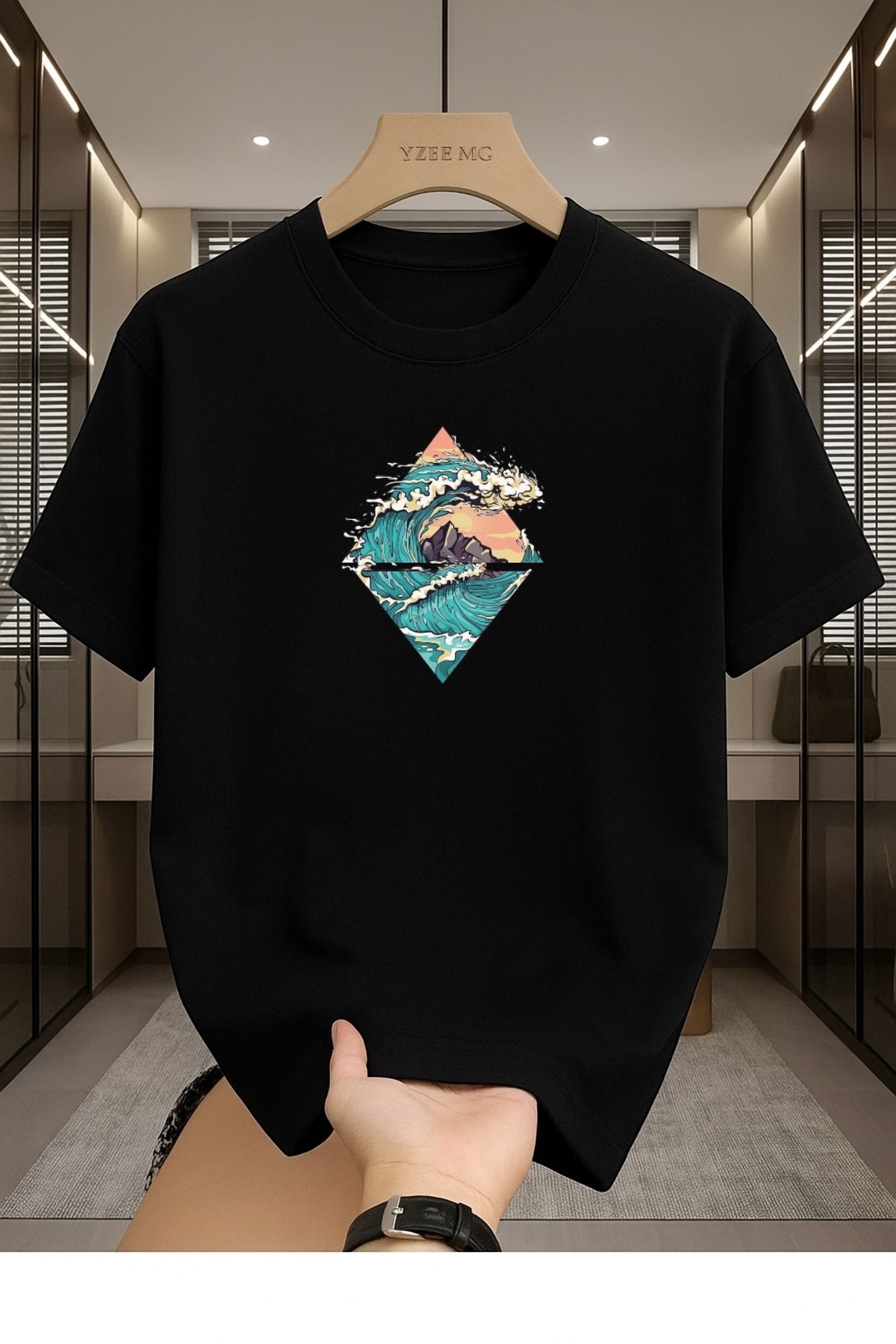 Madali Boutique Dalga Baskılı Unisex Bisiklet Yaka Pamuk Oversize Boyfriend T-Shirt