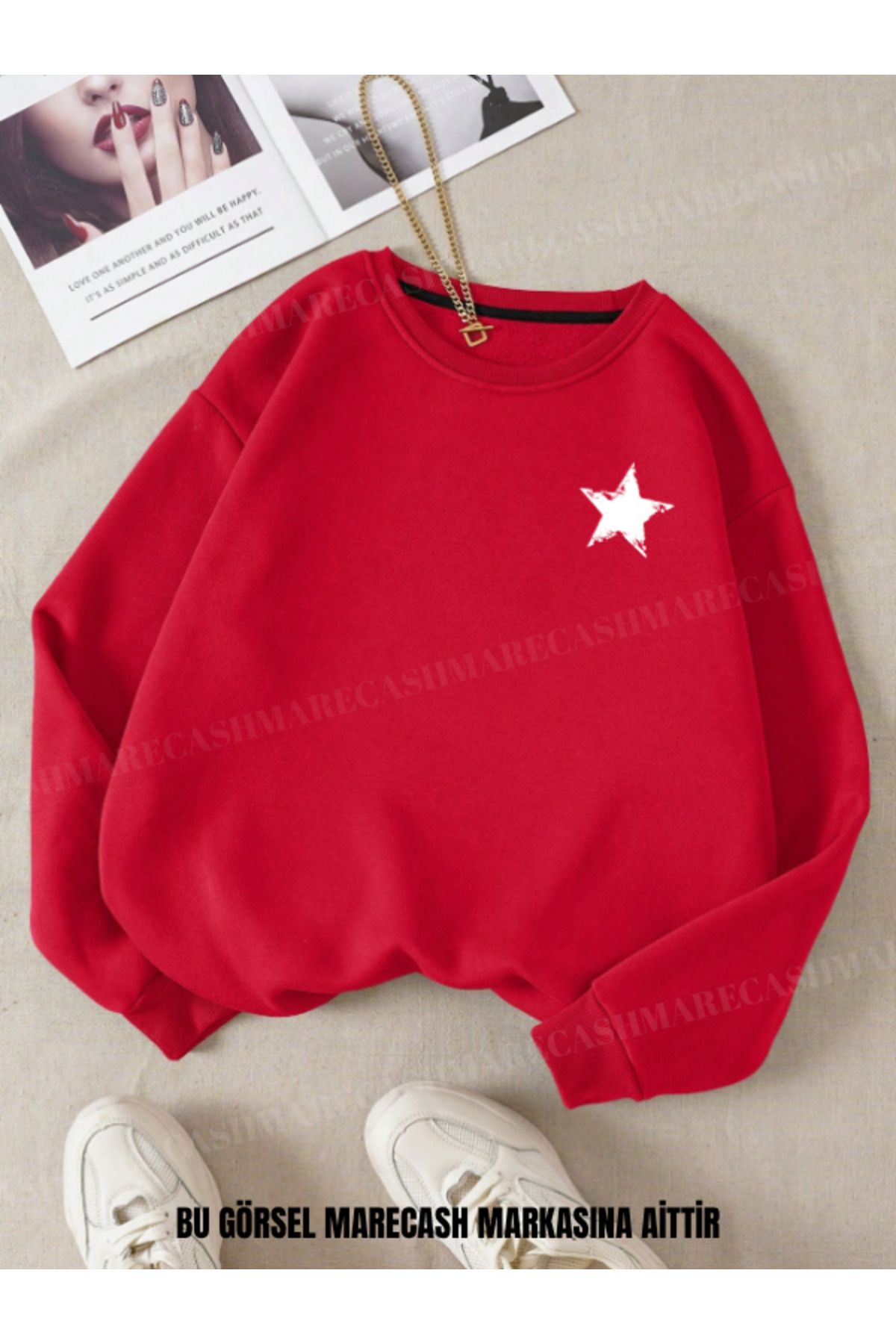 MARECASH Yıldız Baskılı Bisiklet Yaka 3 İplik Sweatshirt 0 Yaka Kışlık Pamuklu