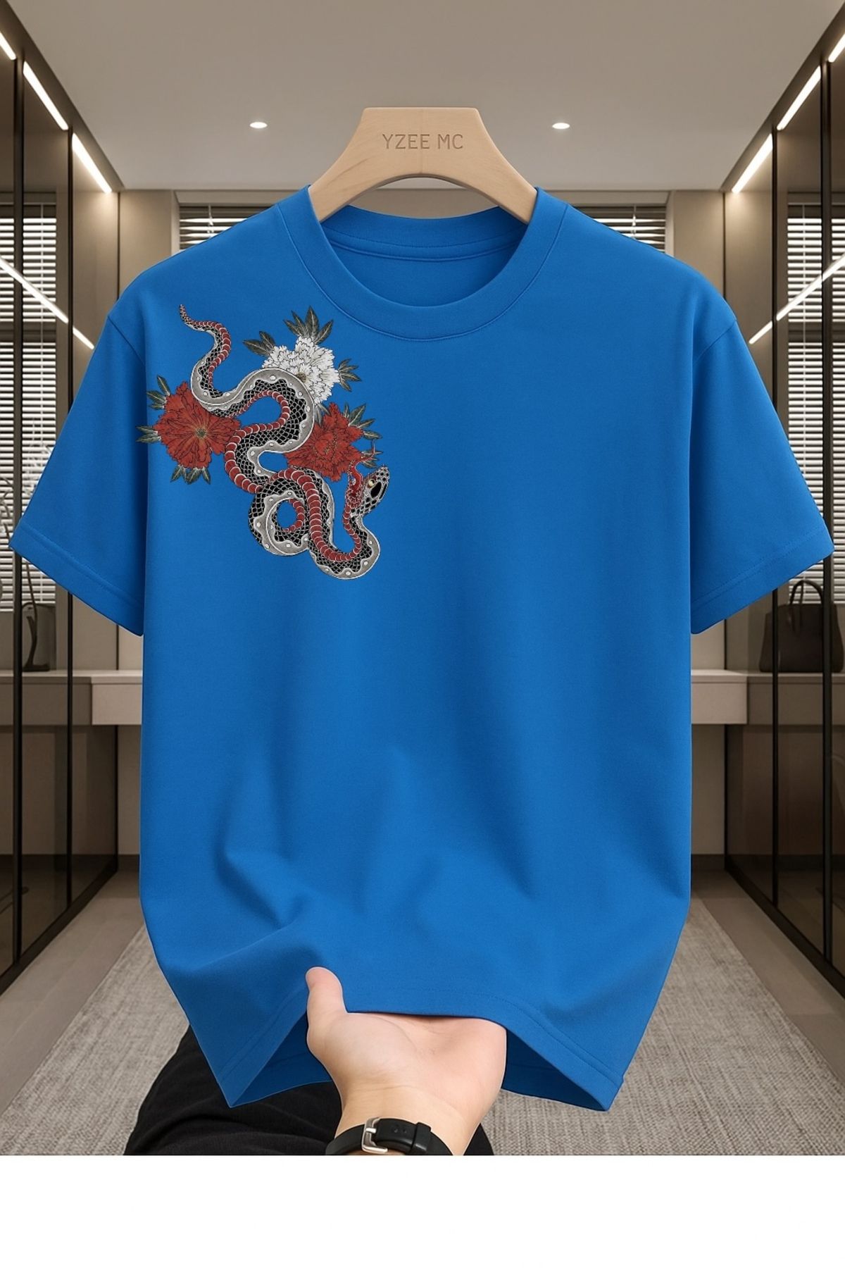 Madali Boutique Sağda Ejderha Baskılı Unisex Bisiklet Yaka Pamuk Oversize Boyfriend T-Shirt