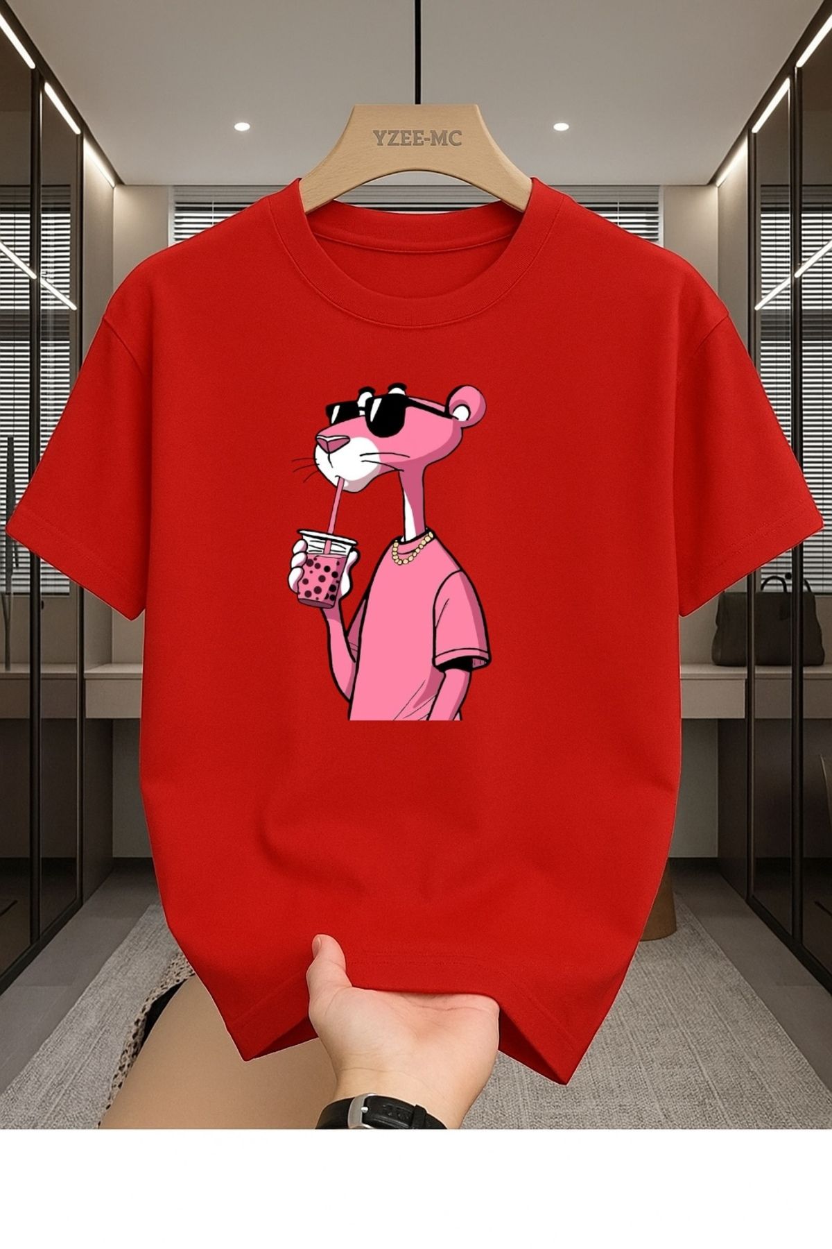 Madali Boutique Pembe Panter Baskılı Unisex Bisiklet Yaka Pamuk Oversize Boyfriend T-Shirt