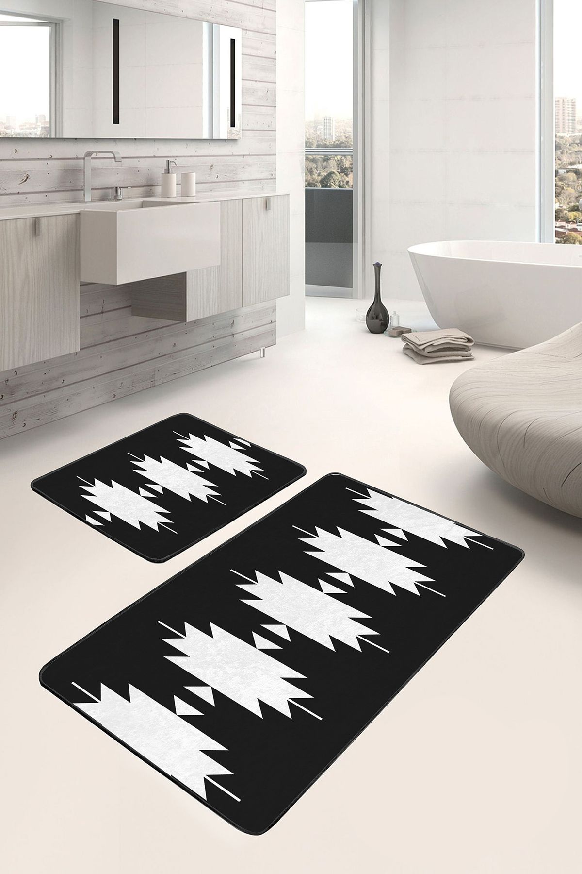 Realhomes 2li Set Siyah Zeminde Tribal Motifli Kilim Desenli Etnik Motifler Geometrik 2'li Banyo Paspas Takımı