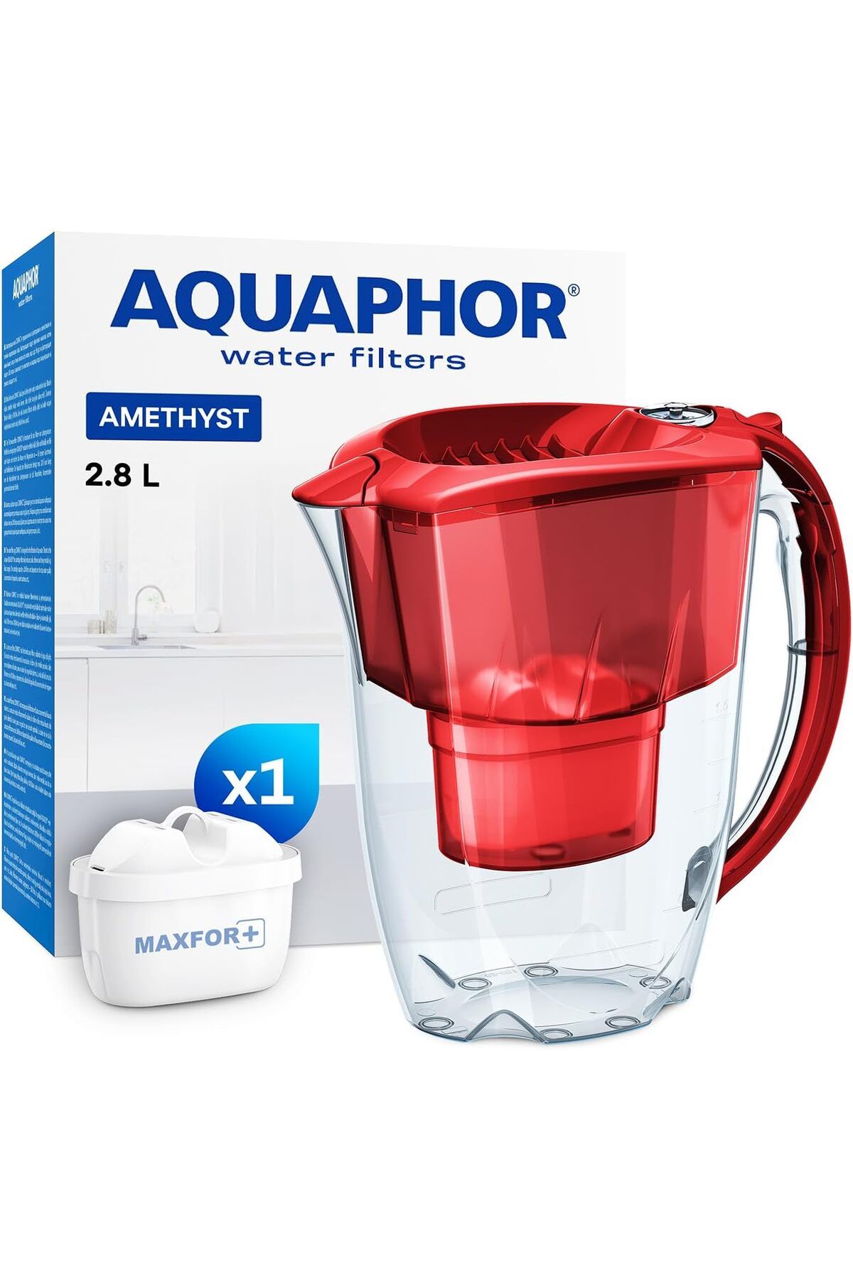 Aquaphor-Amethyst Water Filter Jug with 1 X MAXFOR+ Filter 200L - Capacity 2.8L - Red 1