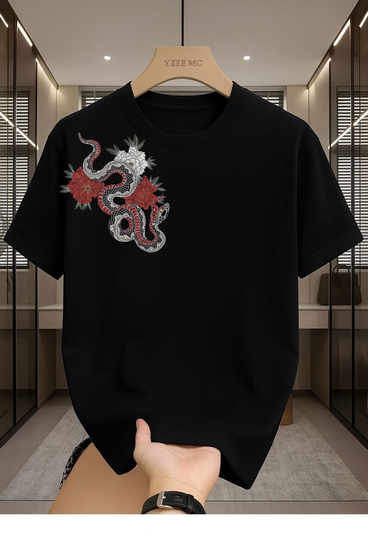 Madali Boutique Sağda Ejderha Baskılı Unisex Bisiklet Yaka Pamuk Oversize Boyfriend T-Shirt