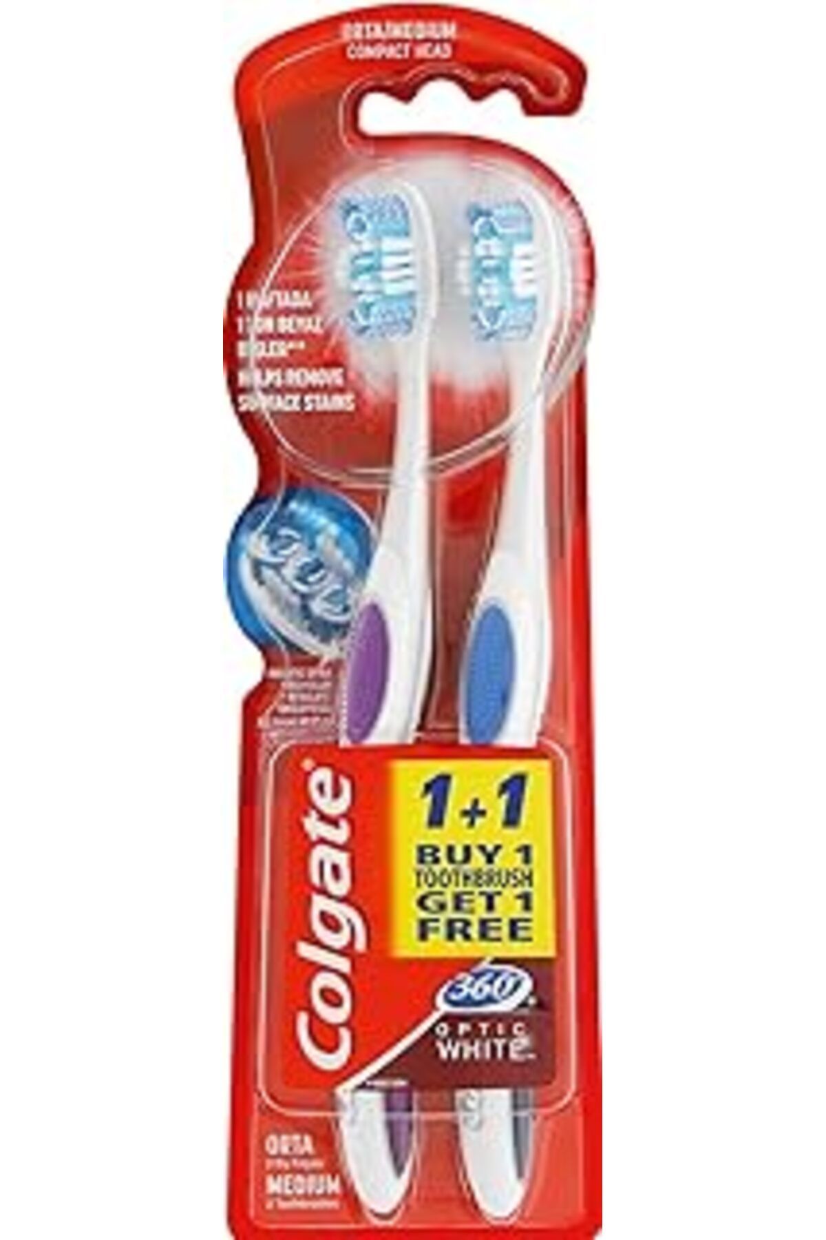 Pazarcan Colgate 360 Optik Beyaz Dil Ve Yanak Temizleyicili Orta Beyazlatıcı Diş Fırçası 1+1