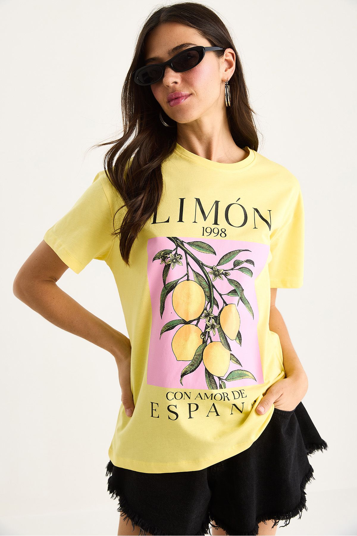 Bianco Lucci Kadın Limon Baskılı Bisiklet Yaka %100 Pamuklu T-Shirt 6701 60283452