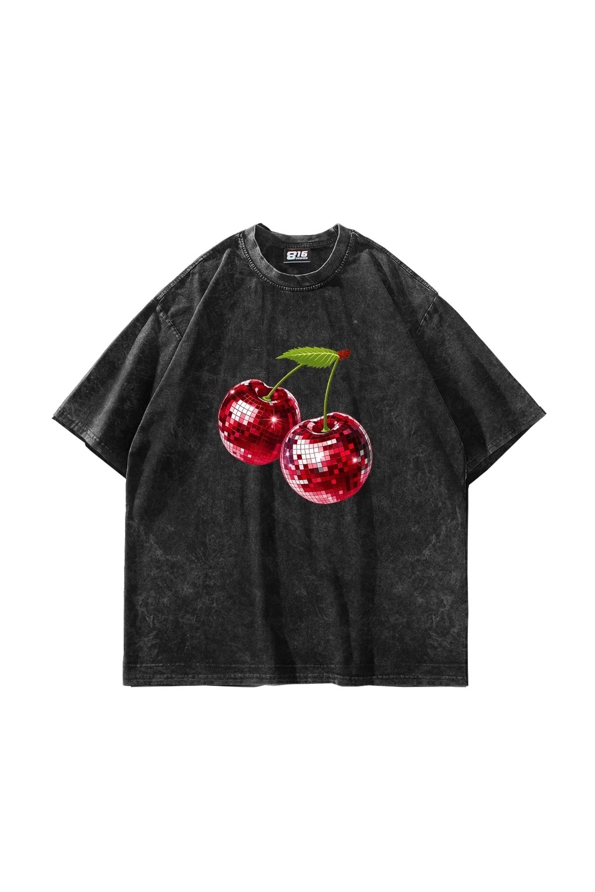 Sekizbiraltı Disco Cherry Baskılı Oversize Unisex Yıkamalı Siyah Tshirt