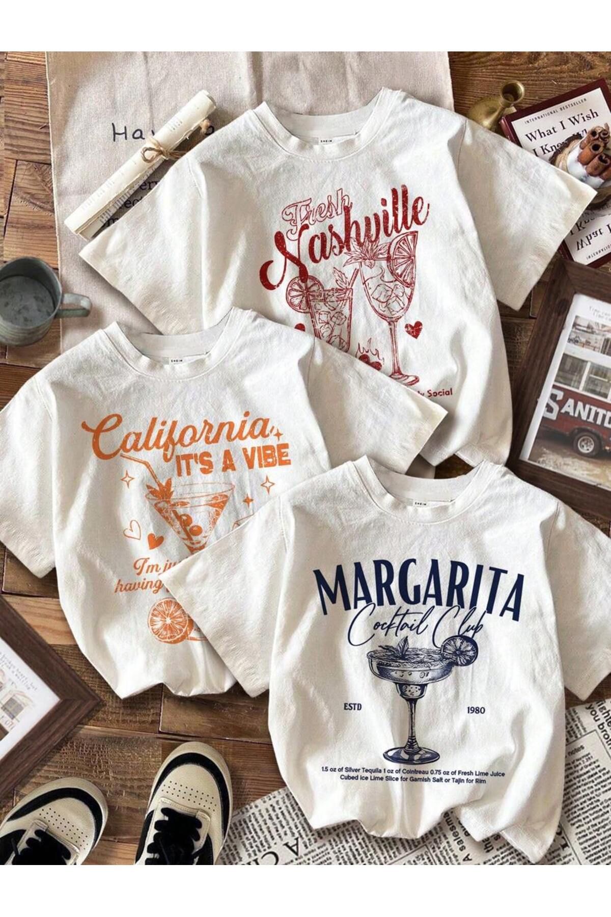 MODANİCA Kadın Beyaz 3lü Margarita Baskılı Bisiklet Yaka T-Shirt