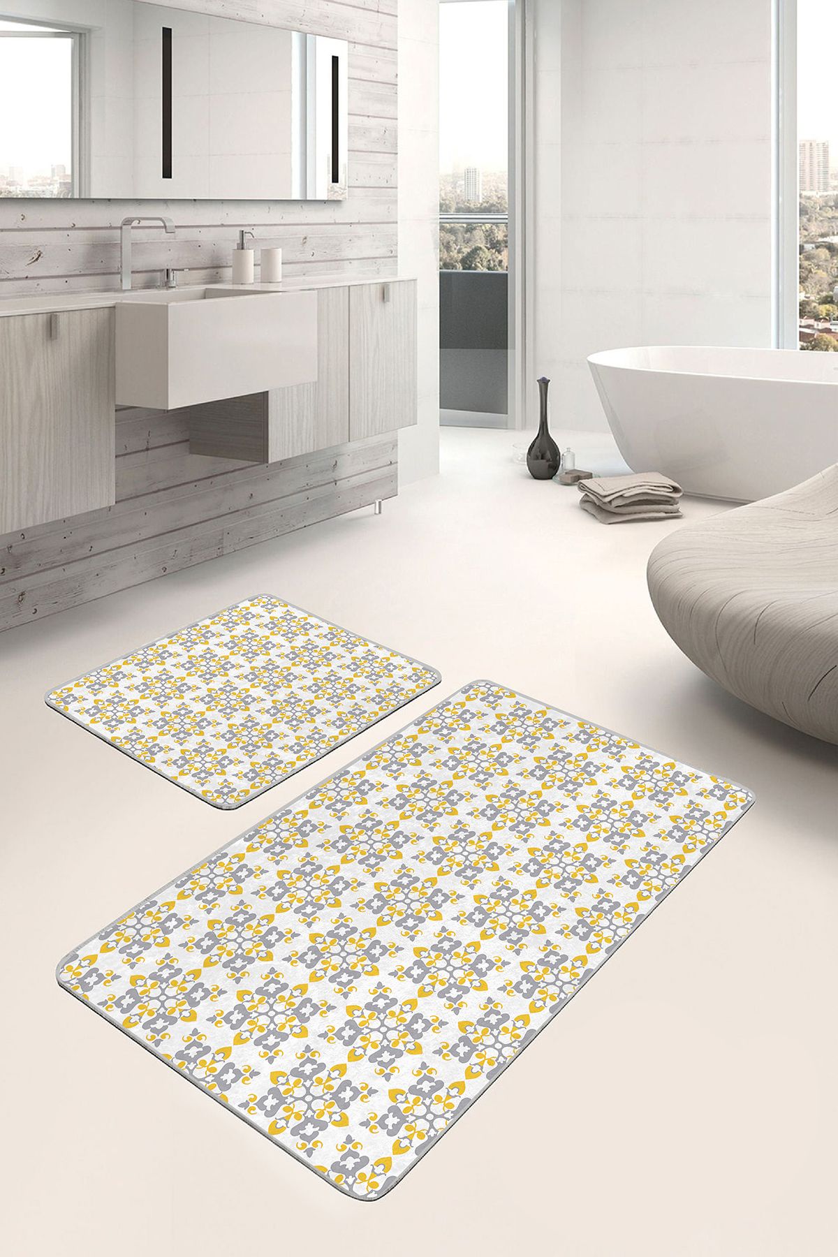 Realhomes 2'li Sarı - Gri Zeminde Etnik Motifli Çiçek Desenli Klasik Vintage 2'li Banyo & Mutfak Paspas Takımı