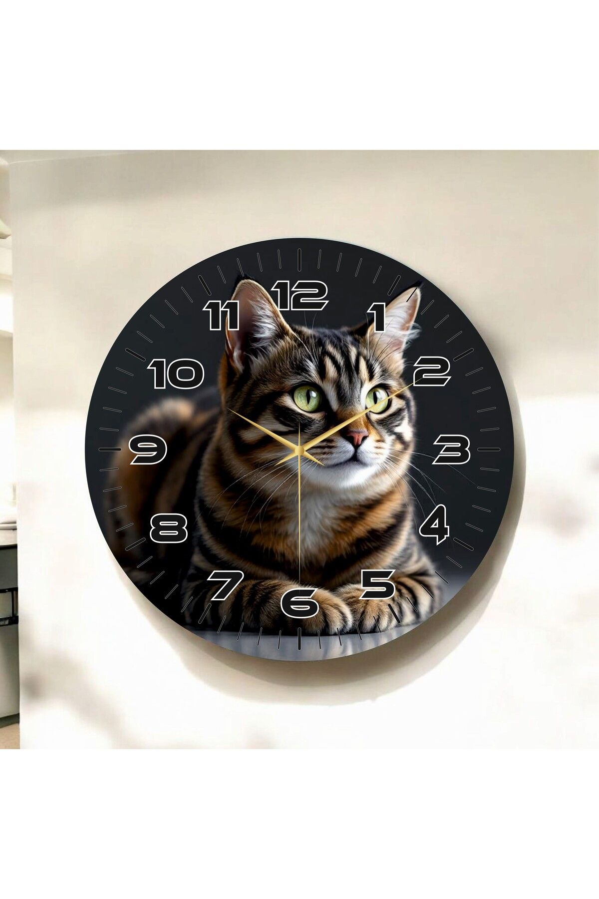 AA Shop Renkli Baskı Kedi Desenli Sayılı Hediyelik Ahşap Sessiz Duvar Saati 50cm