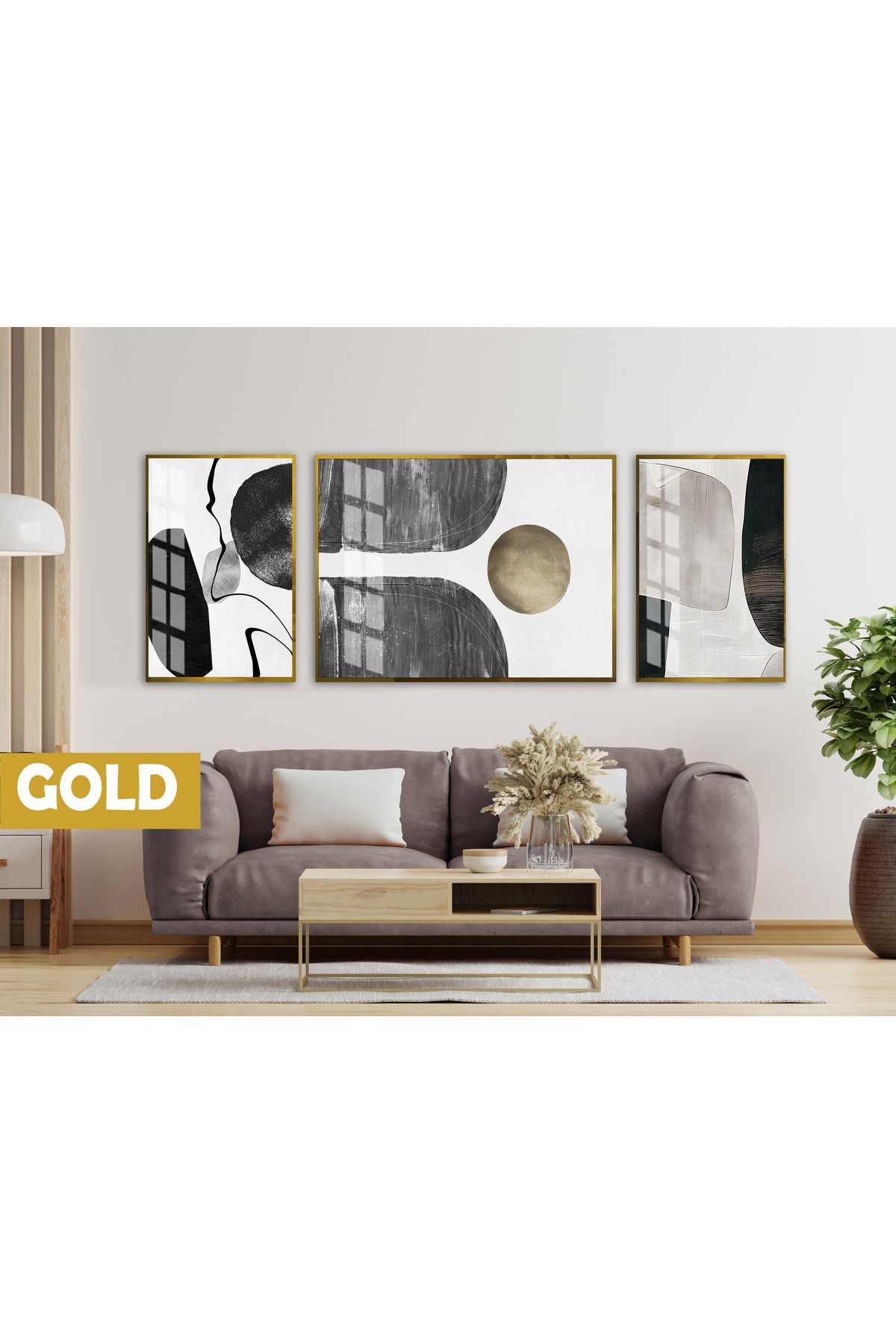 Harikabirev HARİKABİREV|(ABSTRACT) BİTKİ DESENLİ BOHEM MODELİ|ÇERÇEVELİ TEMPERLİ CAM TABLO 3LÜ YATAY