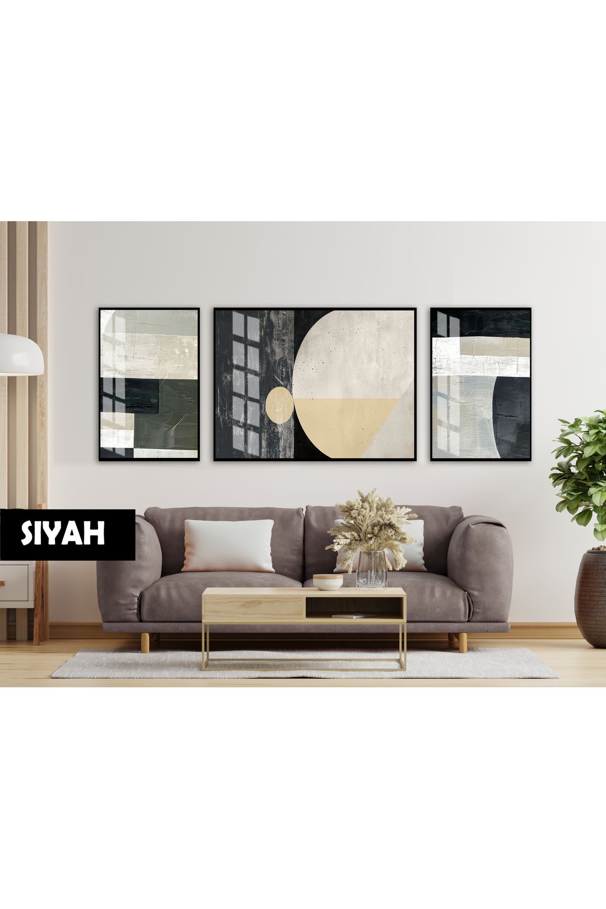 Harikabirev HARİKABİREV|(ABSTRACT) BOHEM GEOMETRİK MODEL |ÇERÇEVELİ TEMPERLİ CAM TABLO 3LÜ YATAY