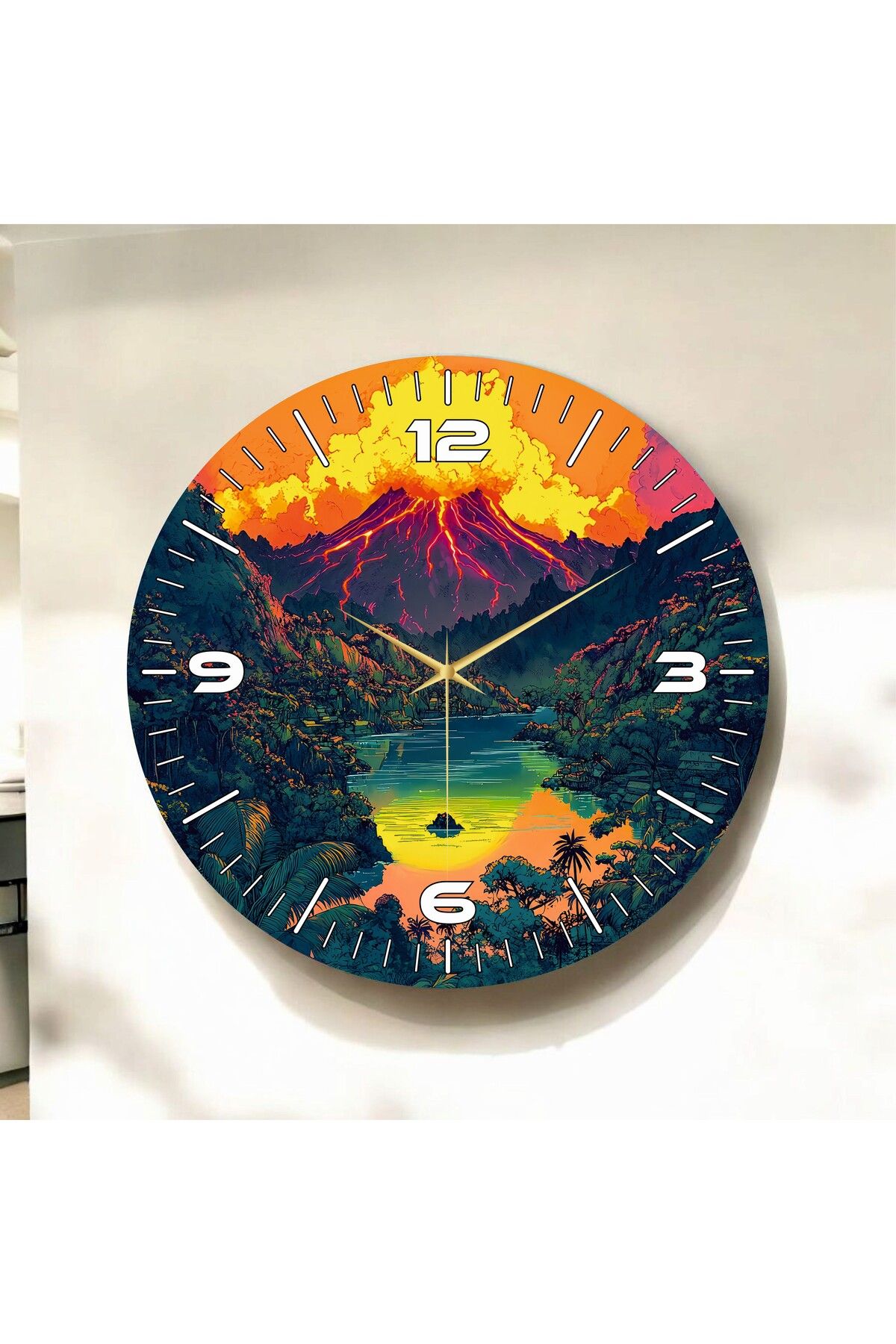 AA Shop Yanardağ Doğa Renkli Baskı Desenli Sayılı Hediyelik Ahşap Sessiz Duvar Saati 50cm