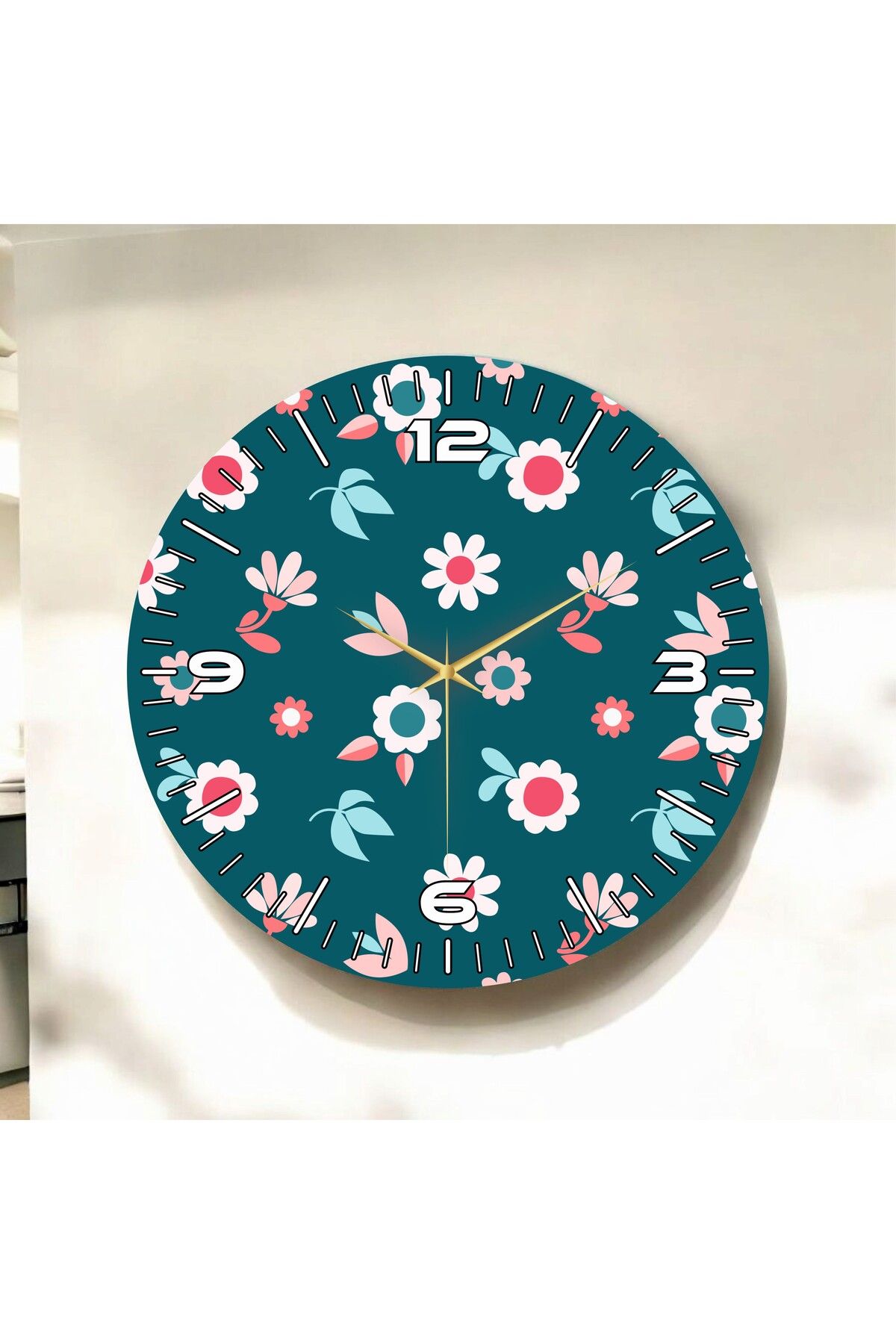 AA Shop Renkli Baskı Çiçek Desenli Sayılı Hediyelik Ahşap Sessiz Duvar Saati 50cm