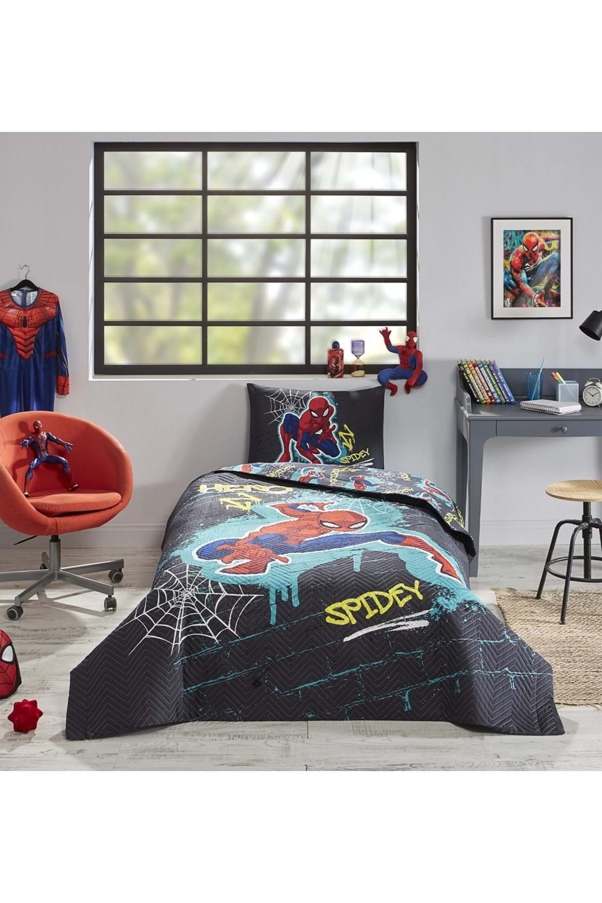 Özdilek Özdilek Lisanslı Kapitoneli Tek Kişilik Dört Mevsim Nevresim Takımı-Spiderman Street Gri