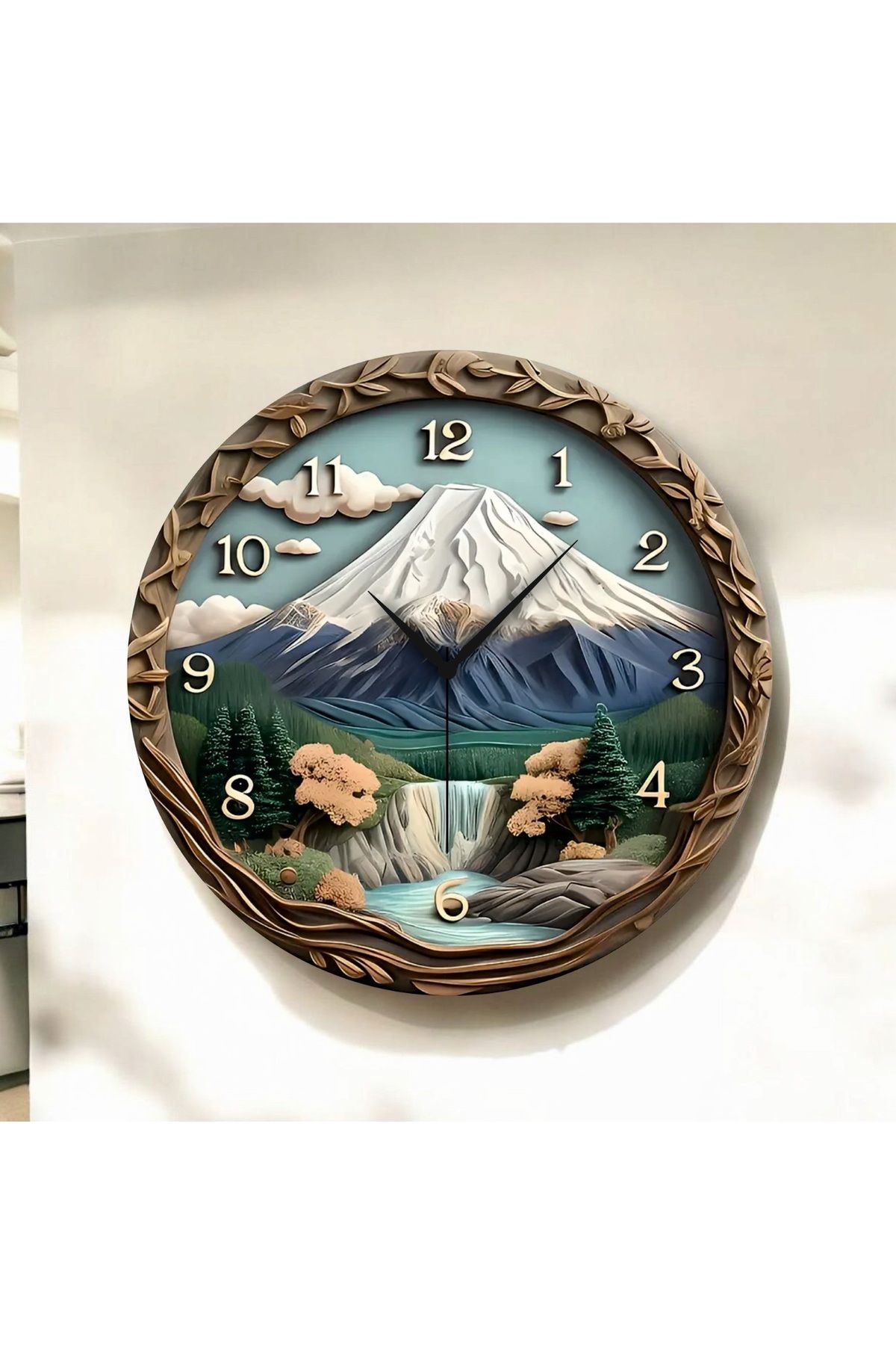 AA Shop Kabartma Görünümlü Renkli Baskı Doğa Desenli Sayılı Hediyelik Ahşap Sessiz Duvar Saati 50cm