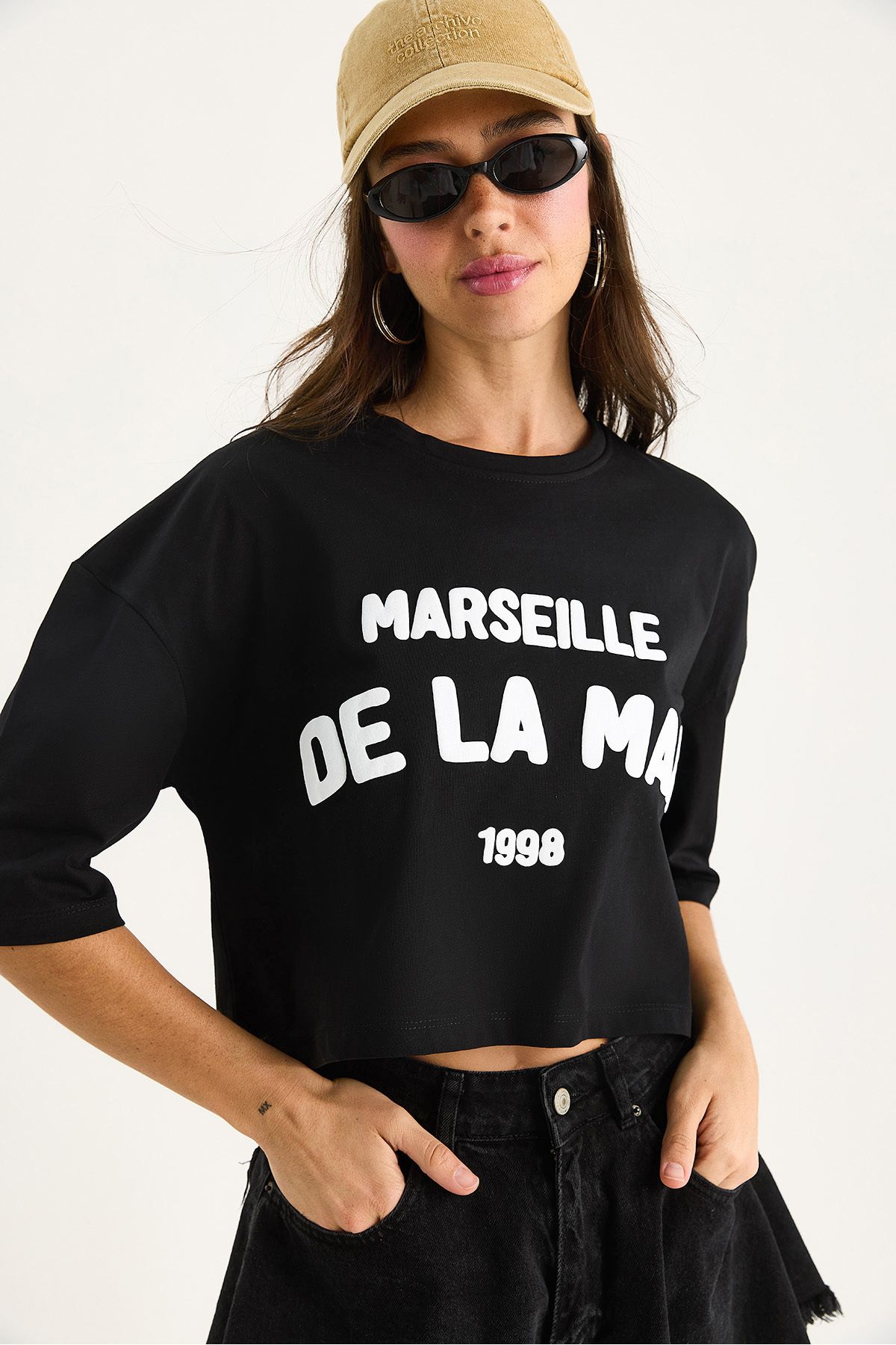 Bianco Lucci Kadın Yazı Baskılı Bisiklet Yaka %100 Pamuklu Crop T-Shirt 6705 60283450