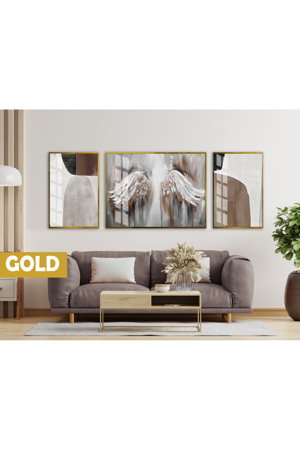 Harikabirev HARİKABİREV|(ABSTRACT) MELEK KANATLARI MODERN MODELİ|ÇERÇEVELİ TEMPERLİ CAM TABLO 3LÜ YATAY