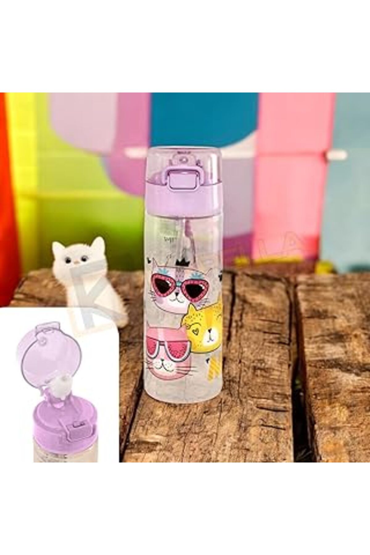 Qedii Matara Lila Kedi Desenli Pipetli 500ml Solo Tp705