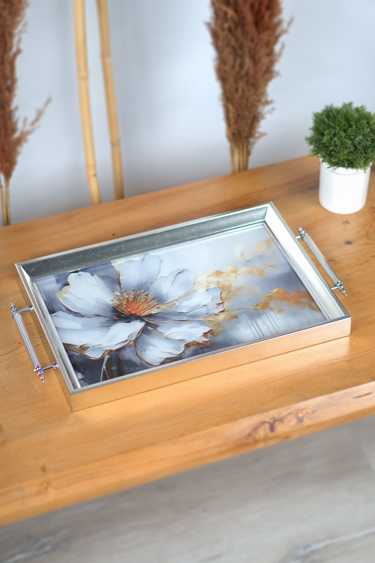 Hediyeler Kapında Ashen Bloom 6 Kişilik Cam, Çerçeveli Sunum Tepsisi Çay Tepsisi