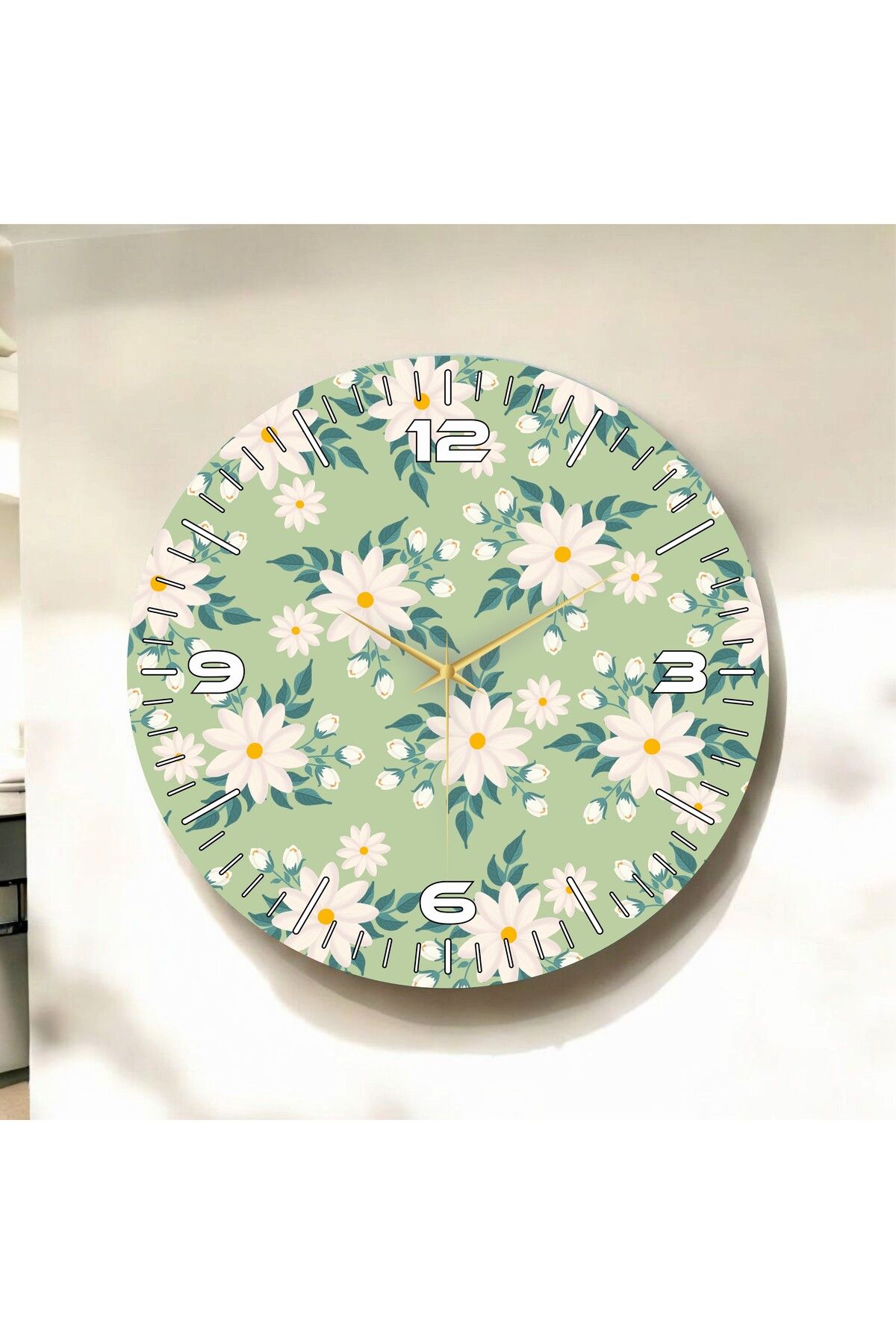 AA Shop Renkli Baskı Çiçek Papatya Desenli Sayılı Hediyelik Ahşap Sessiz Duvar Saati 50cm