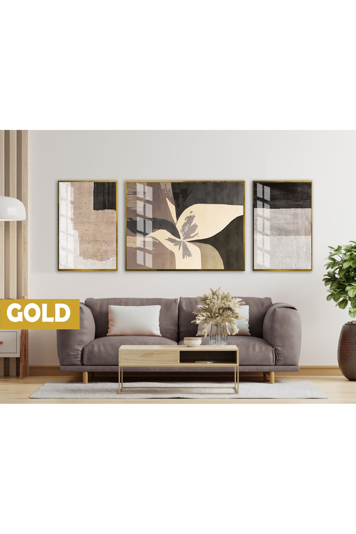 Harikabirev HARİKABİREV|(ABSTRACT)GRİ-KAHVE KONTRAST ÇİÇEKLİ MODEL|ÇERÇEVELİ TEMPERLİ CAM TABLO 3LÜ YATAY
