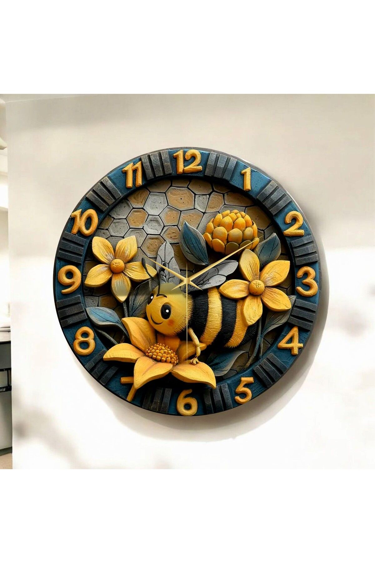 AA Shop Kabartma Görünümlü Renkli Arı Çiçek Çocuk Desenli Sayılı Hediyelik Ahşap Sessiz Duvar Saati 50cm