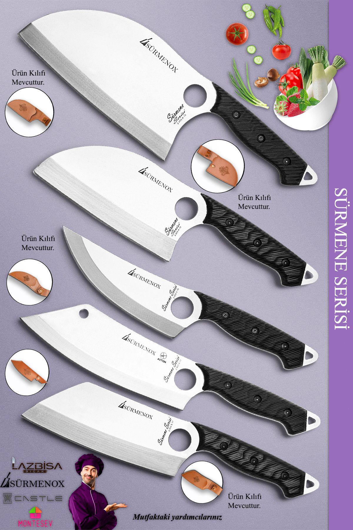 SÜRMENOX Sürmene Serisi Outdoor Kamp Bıçağı Mutfak Şef Bıçağı Deri Kılıflı 5 Li Set (VRZOUT-010)