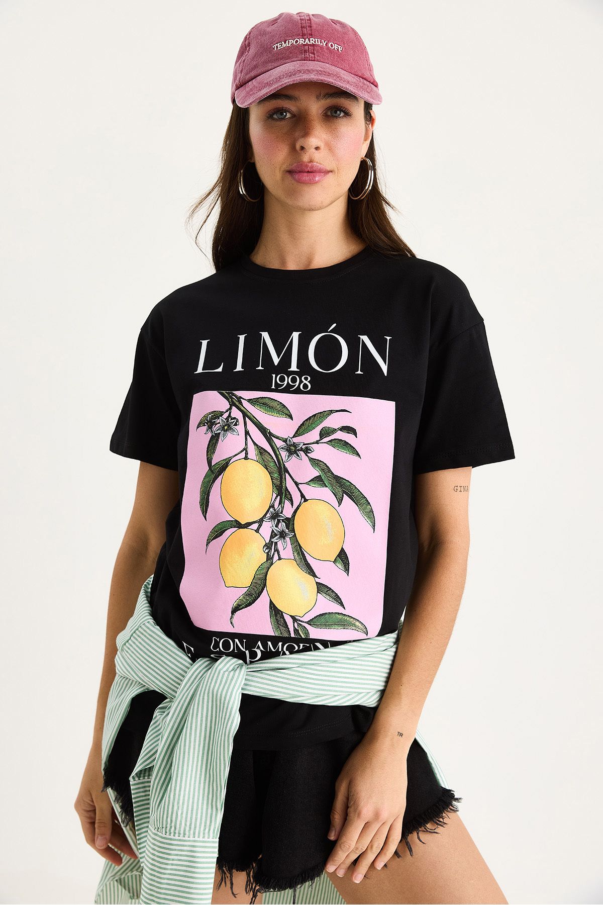 Bianco Lucci Kadın Limon Baskılı Bisiklet Yaka %100 Pamuklu T-Shirt 6701 60283452
