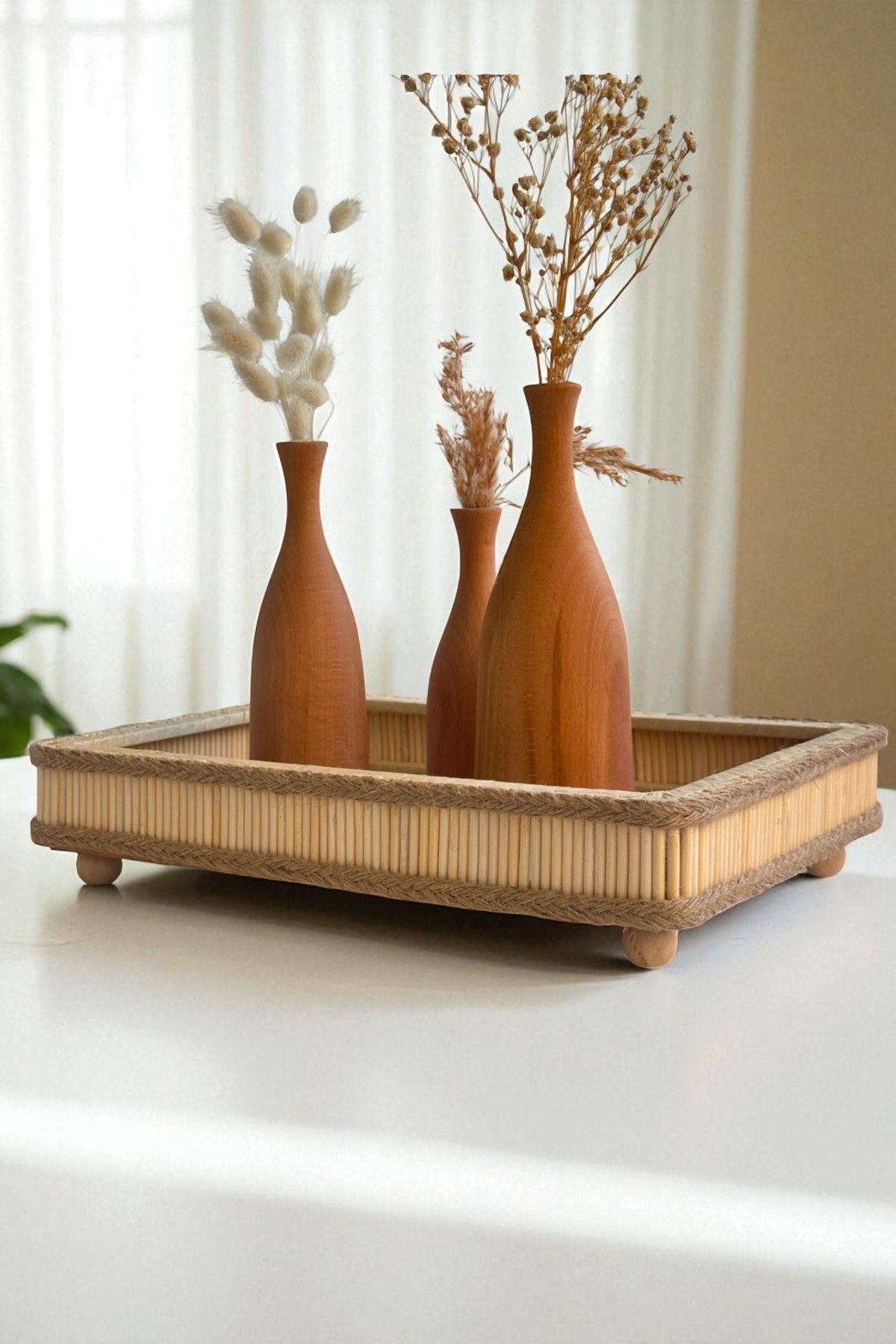 DEKOLOBİ Hasır El Yapımı Bambu Dikdörtgen Dekoratif Tepsi 25x35 Cm