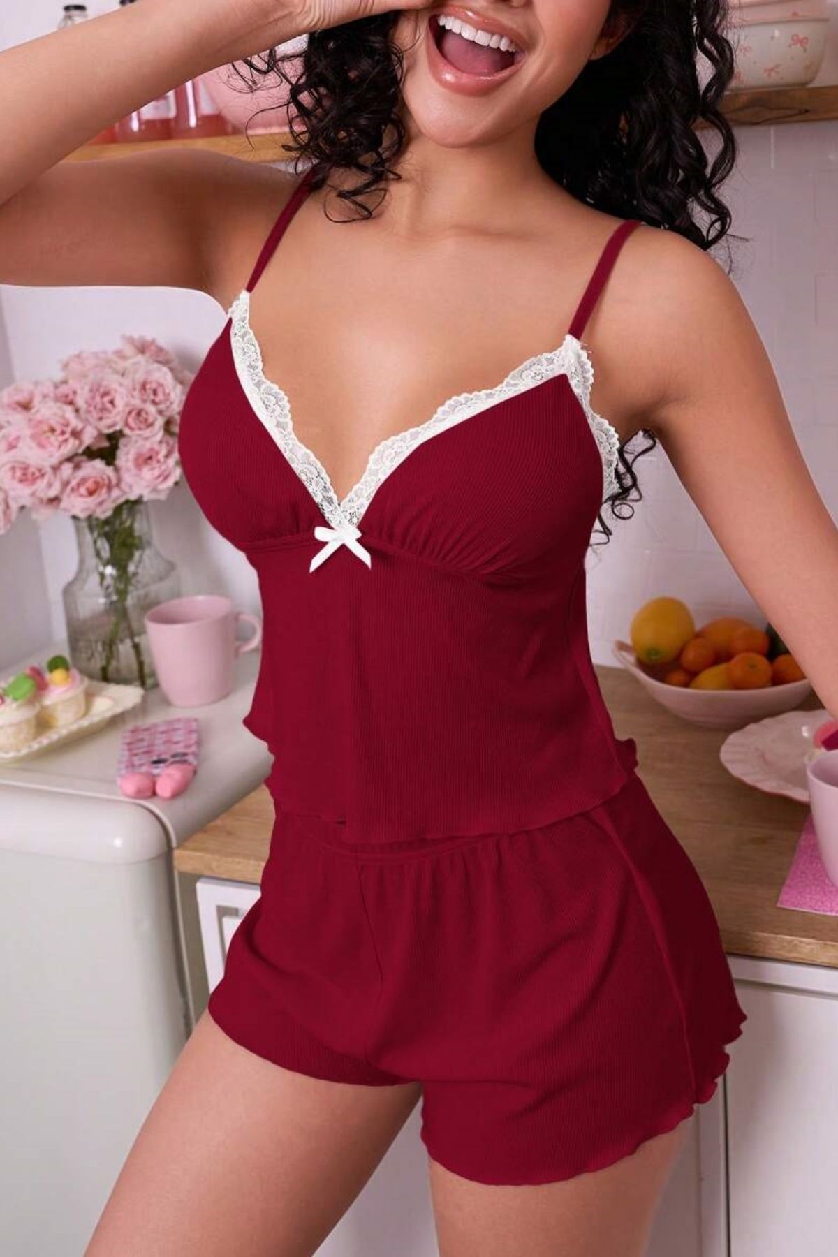 Rasabeauty Fiyonk Dantel Detaylı Şortlu Kadın Pijama Takımı