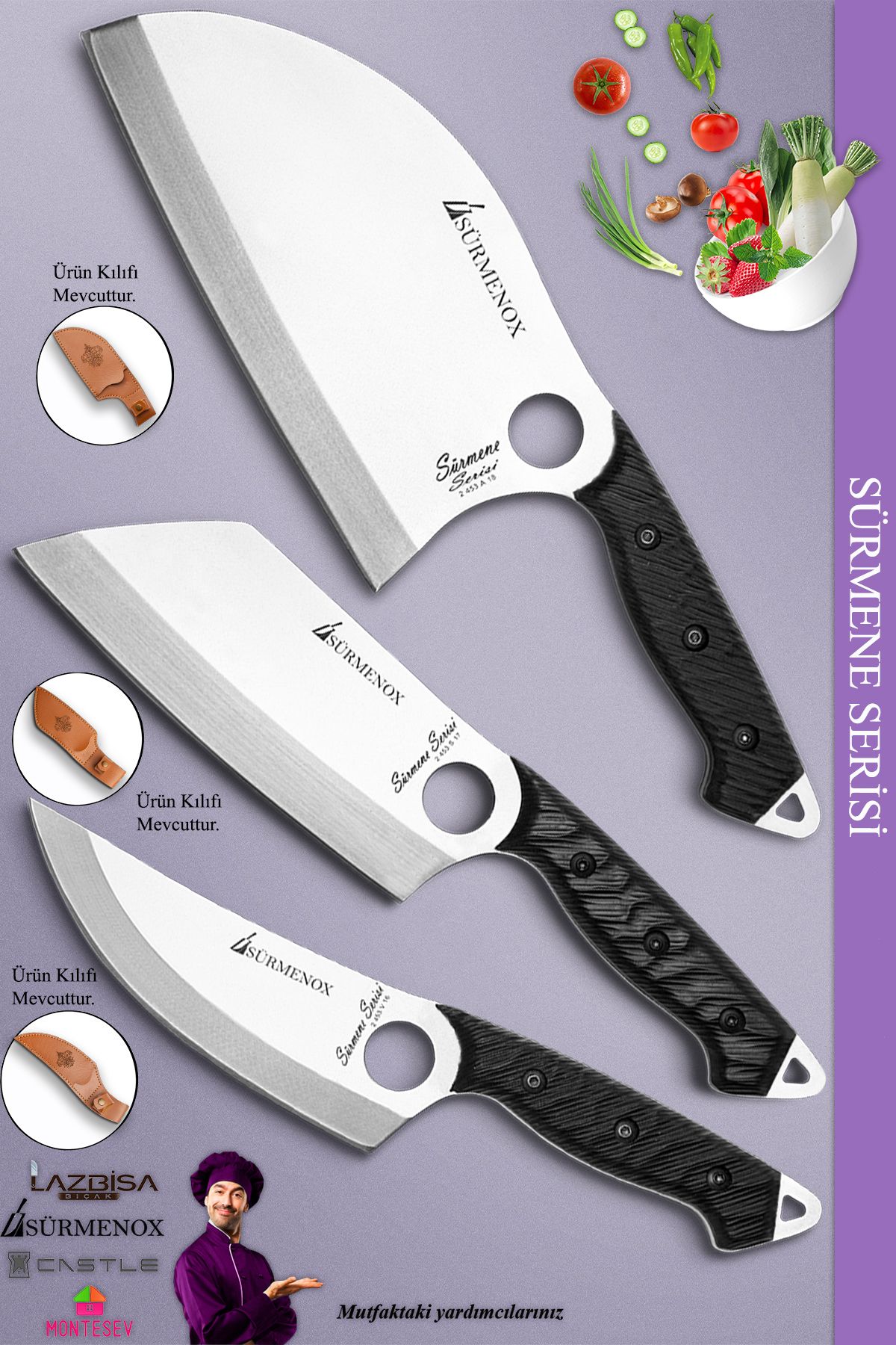 SÜRMENOX Sürmene Serisi Outdoor Kamp Bıçağı Mutfak Şef Bıçağı Deri Kılıflı 3 Lü Set Siyah Renk (VRZOUT-103)