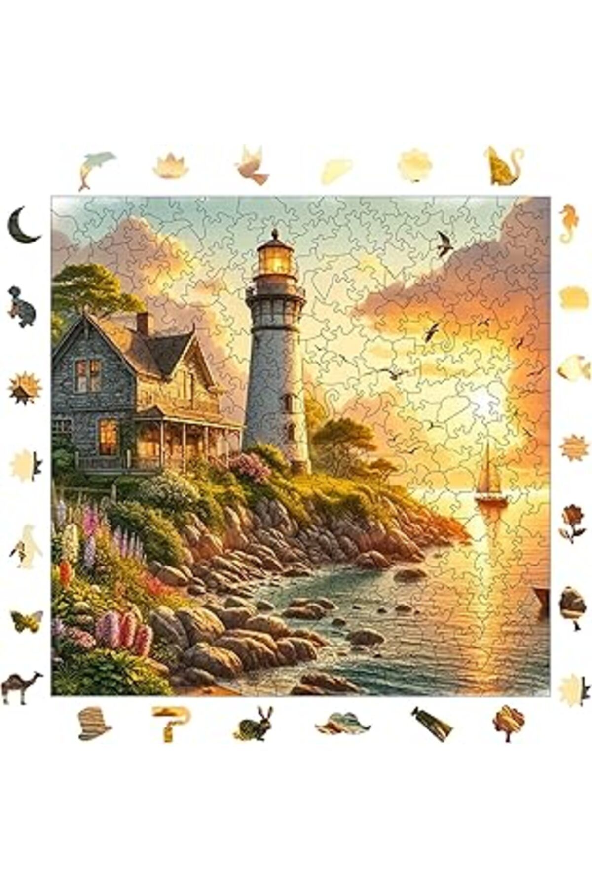 Pazarcan Pinecone - Ahşap Puzzle Yetişkinler Için - Deniz Fenerinde Gün Batımı Benzersiz Parçalı Puzzle - 35