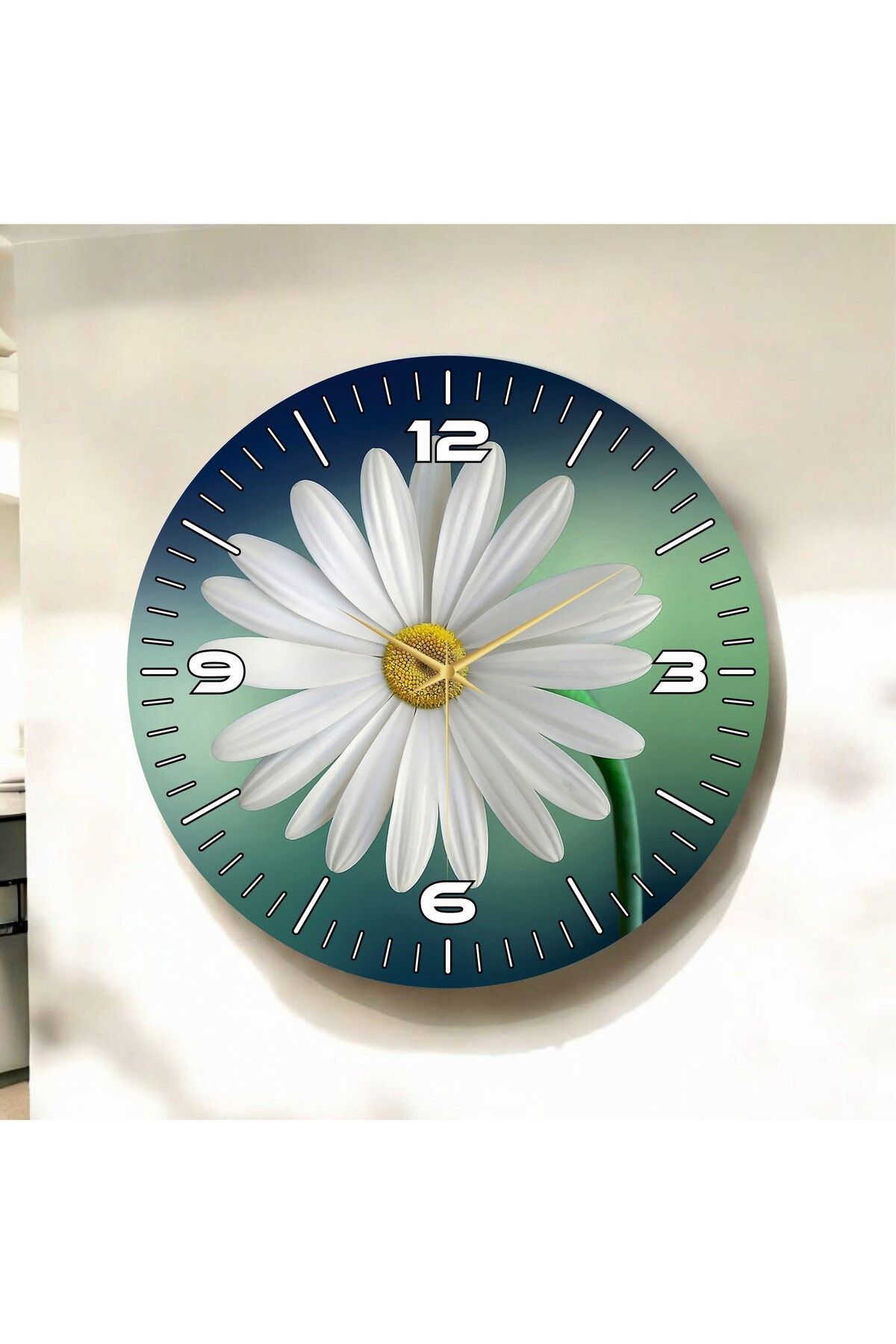AA Shop Renkli Baskı Çiçek Papatya Desenli Sayılı Hediyelik Ahşap Sessiz Duvar Saati 50cm