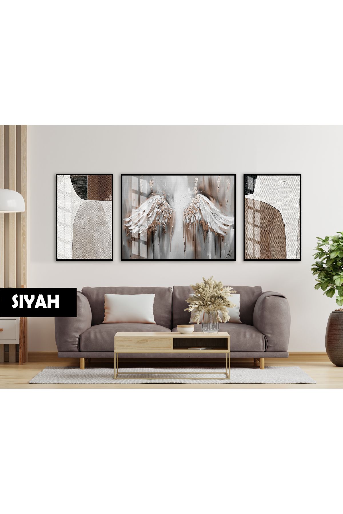 Harikabirev HARİKABİREV|(ABSTRACT) MELEK KANATLARI MODERN MODELİ|ÇERÇEVELİ TEMPERLİ CAM TABLO 3LÜ YATAY