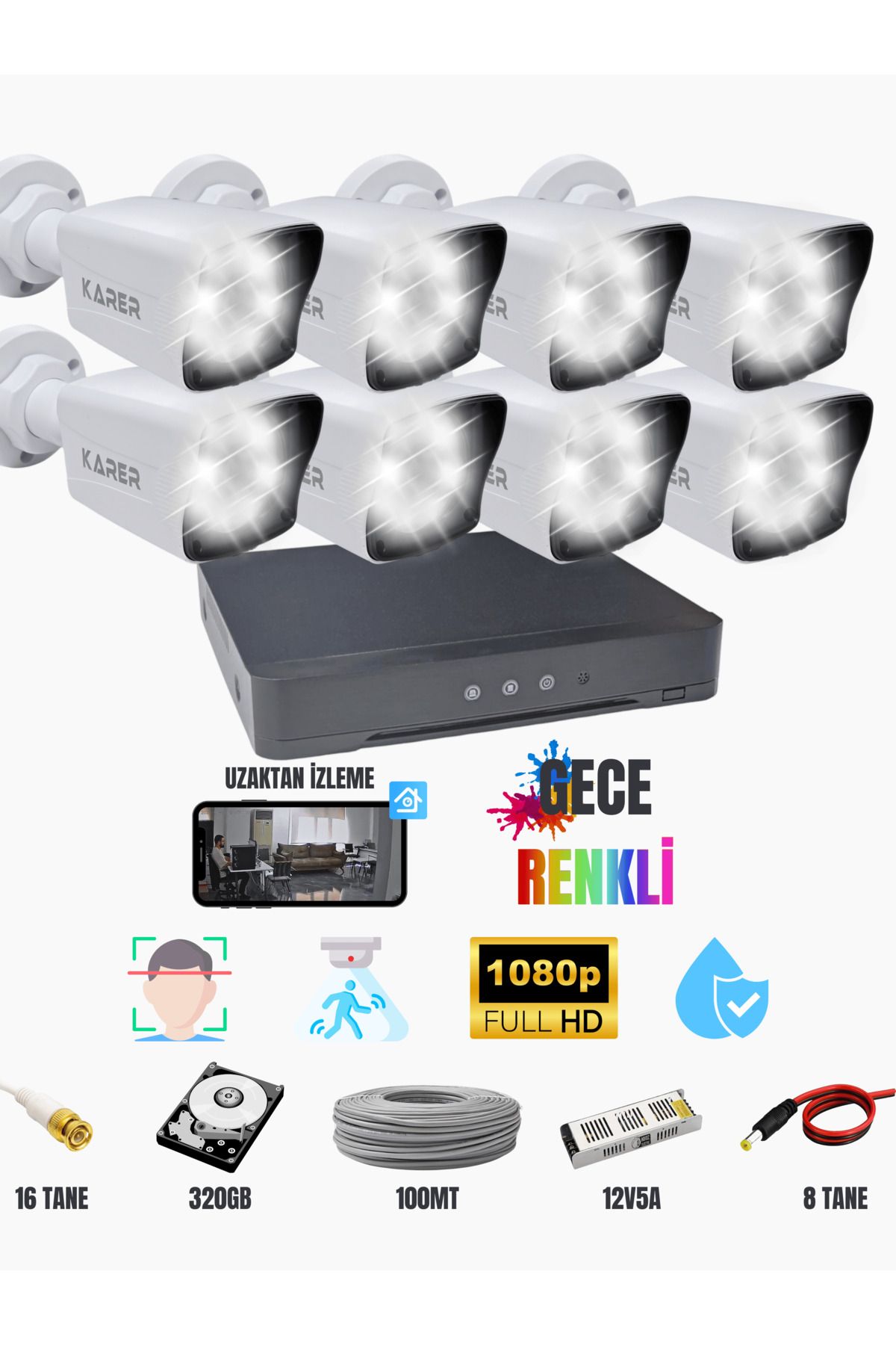 KARER ExitCam 8 Kameralı 1080p FullHD Kamera Seti + 320GB HDD + Renkli Gece Görüşü