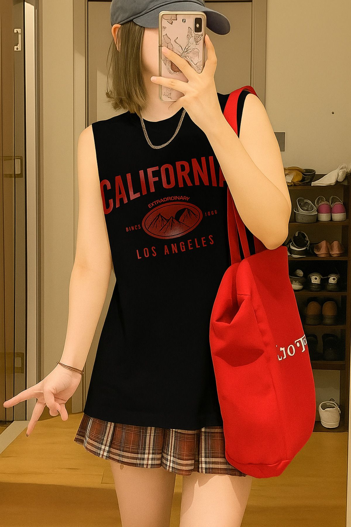 Tarz Cool California Baskılı Siyah Kolsuz Atlet Kadın Sıfır Kol Oversize T-SHİRT