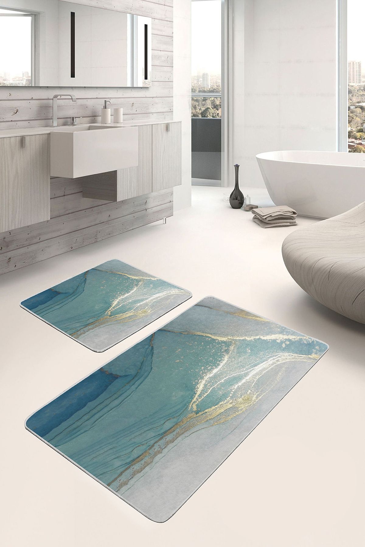 Realhomes Turkuaz Zeminde Mermer Motifli Altın Desenli Modern Sade & Şık 2'li Banyo & Mutfak Paspas Takımı
