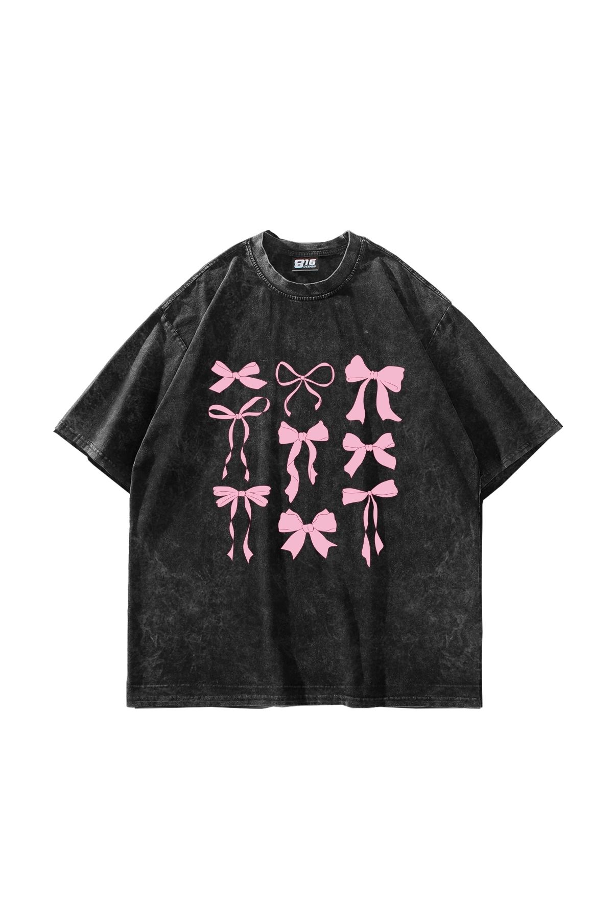 Sekizbiraltı Cute Fiyonk Baskılı Oversize Unisex Yıkamalı Siyah Tshirt