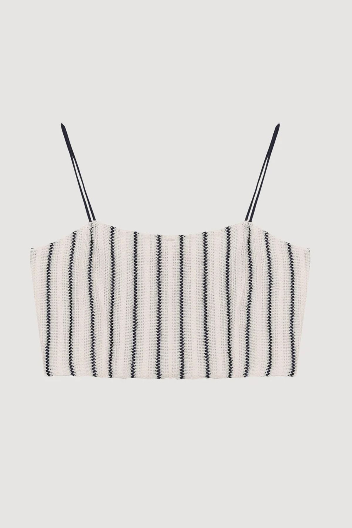 BYFULYAGUN Çizgi Detaylı Askılı Crop Bluz Ekru