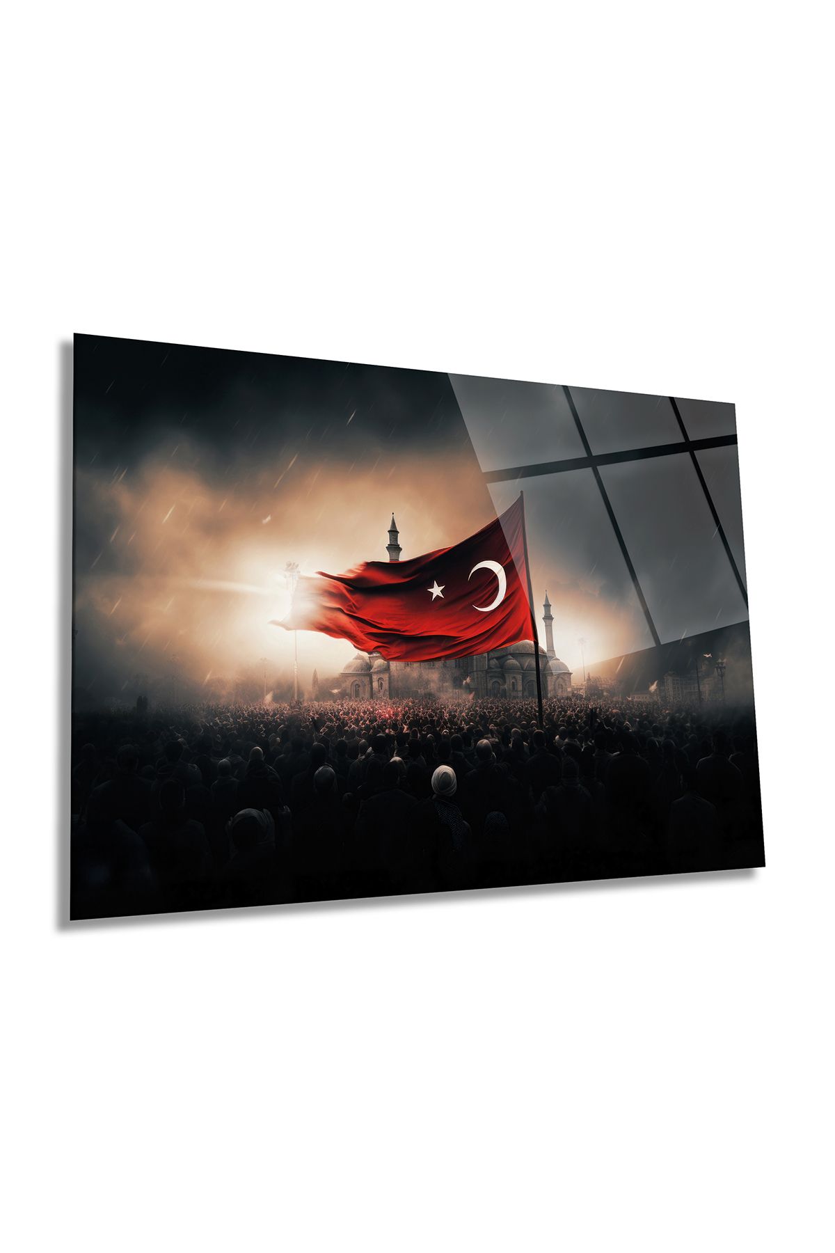 Rosyvien Türk Bayrağı ve Savaş Zaferi Yatay Cam Tablo, Türkiye Bayrak, Ev Ofis Duvar Dekoru, Lüks Hediyelik