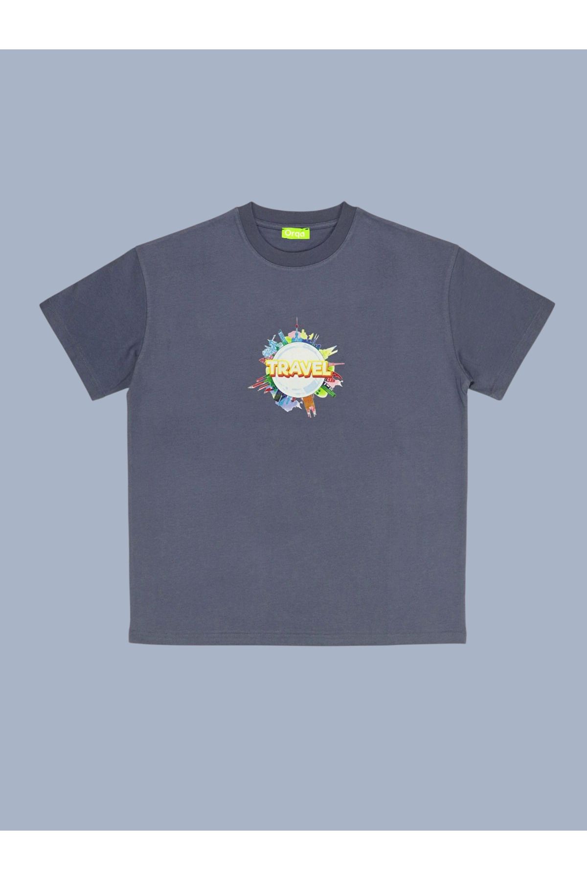 Orqa Unisex Travel Baskılı %100 Pamuk Marin Mavi Tshirt