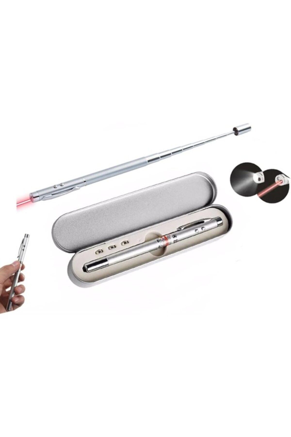 ShopZum Metal Kutulu Kırmızı Lazerli, Led Işıklı Mıknatıslı Pointer Kalemi İşaretçi Uzayabilen Sunum Çubuğu