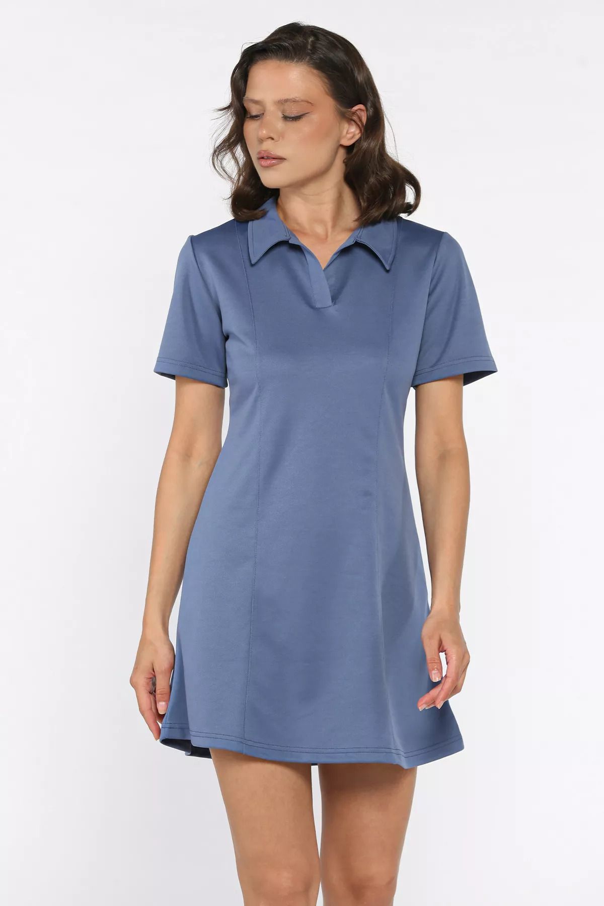GÜLSELİ İndigo Polo Yaka Kadın Mini Elbise