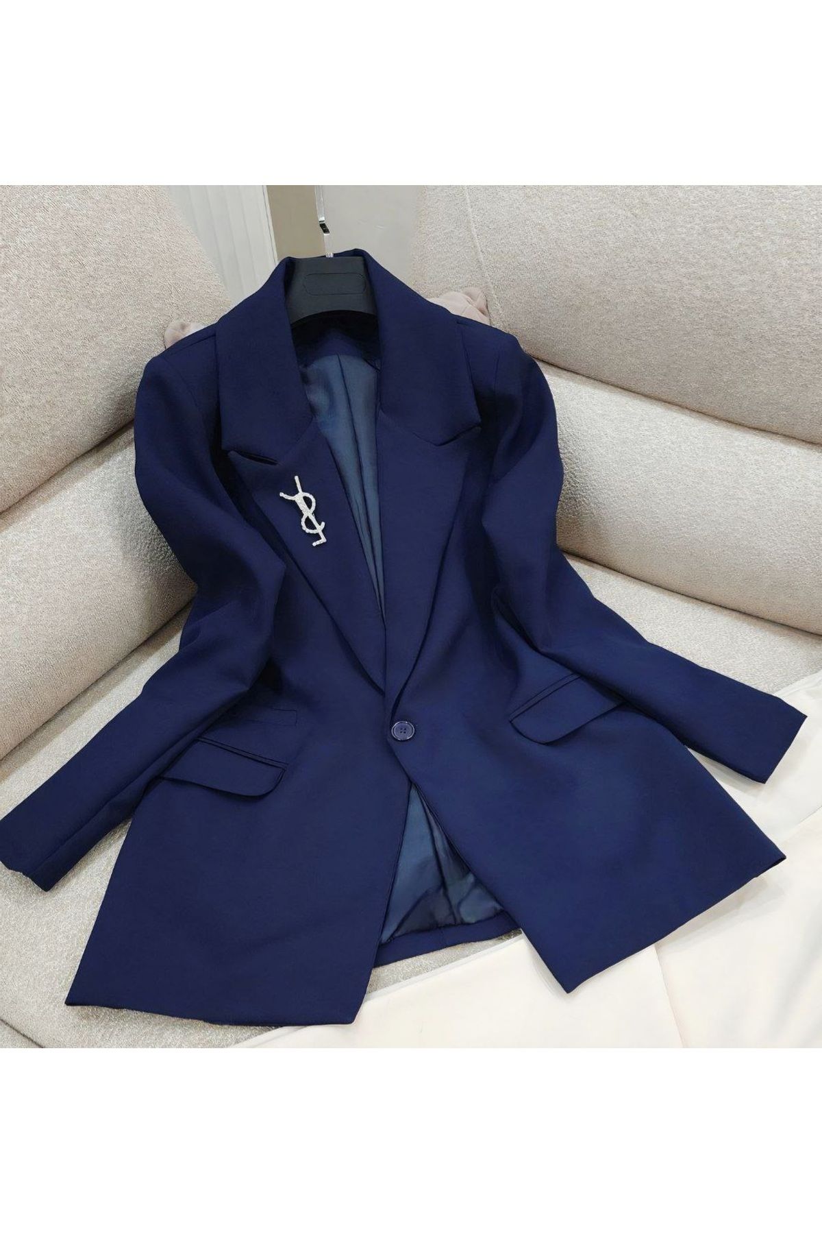 Yassmenta flowers Kadın astarlı blazer 1=38/40 2=40/42 3=42/44 Oversize lacivert