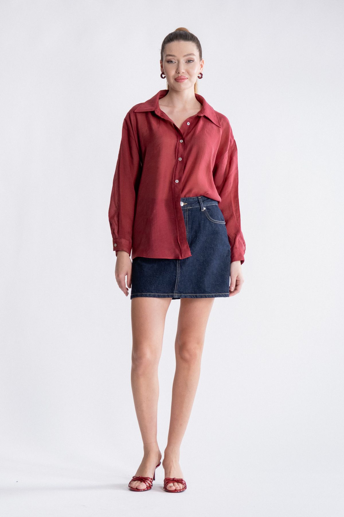 SEPANU COLLECTION Kadın Bordo İpeksi Gömlek