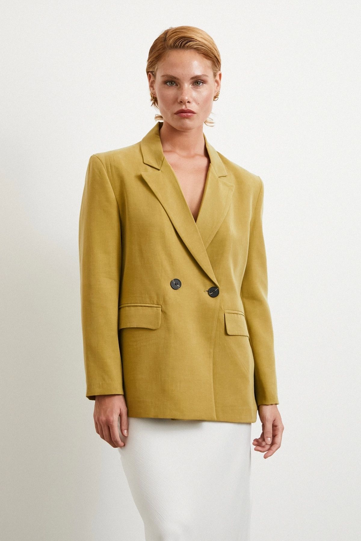 Never more Çift Düğmeli Keten Blazer Ceket Olive