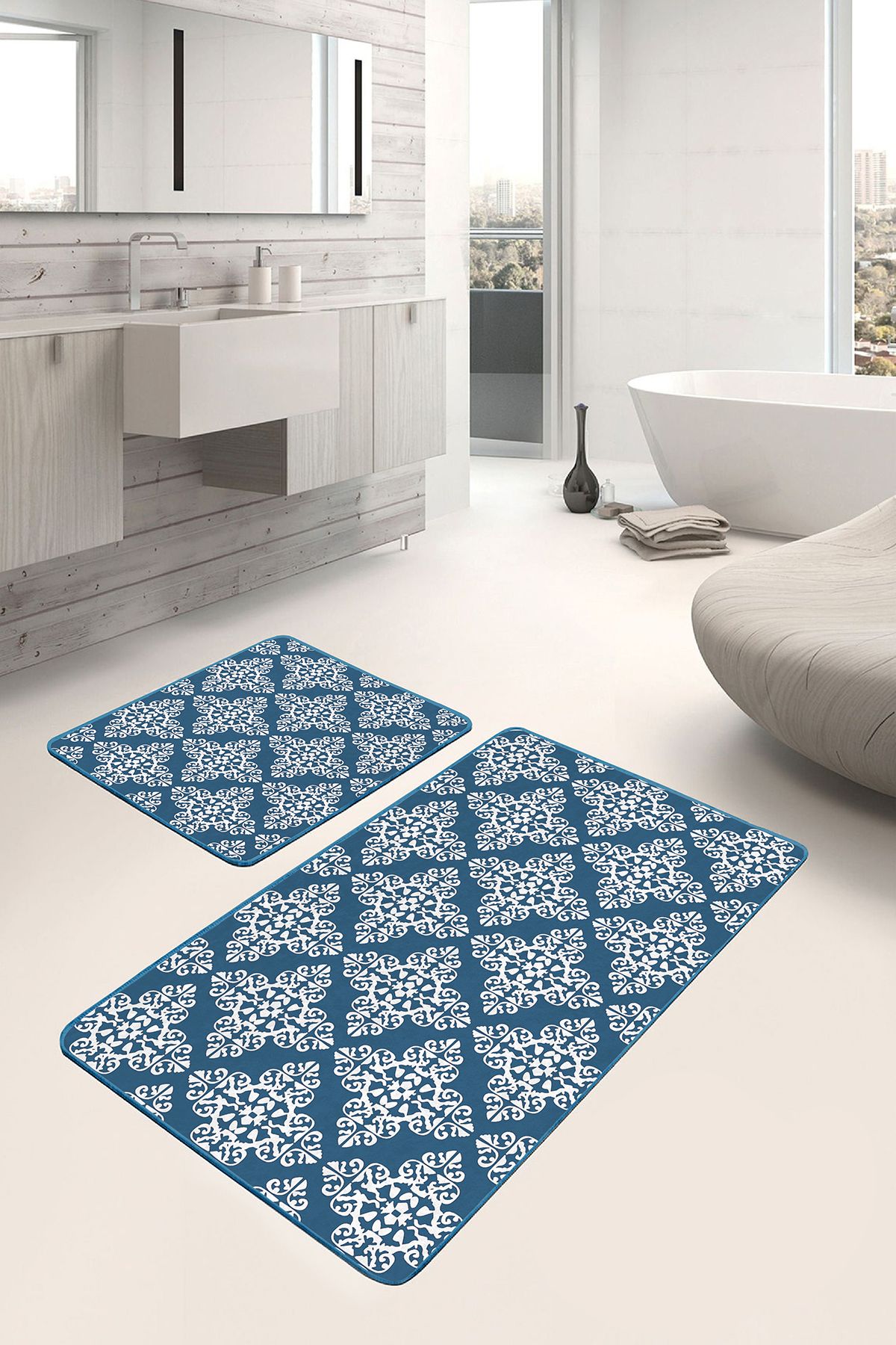 Realhomes 2'li Set Mavi Zeminde Etnik Motifli Damask Desenli Etnik Motifler Geometrik 2'li Banyo Paspas Takımı